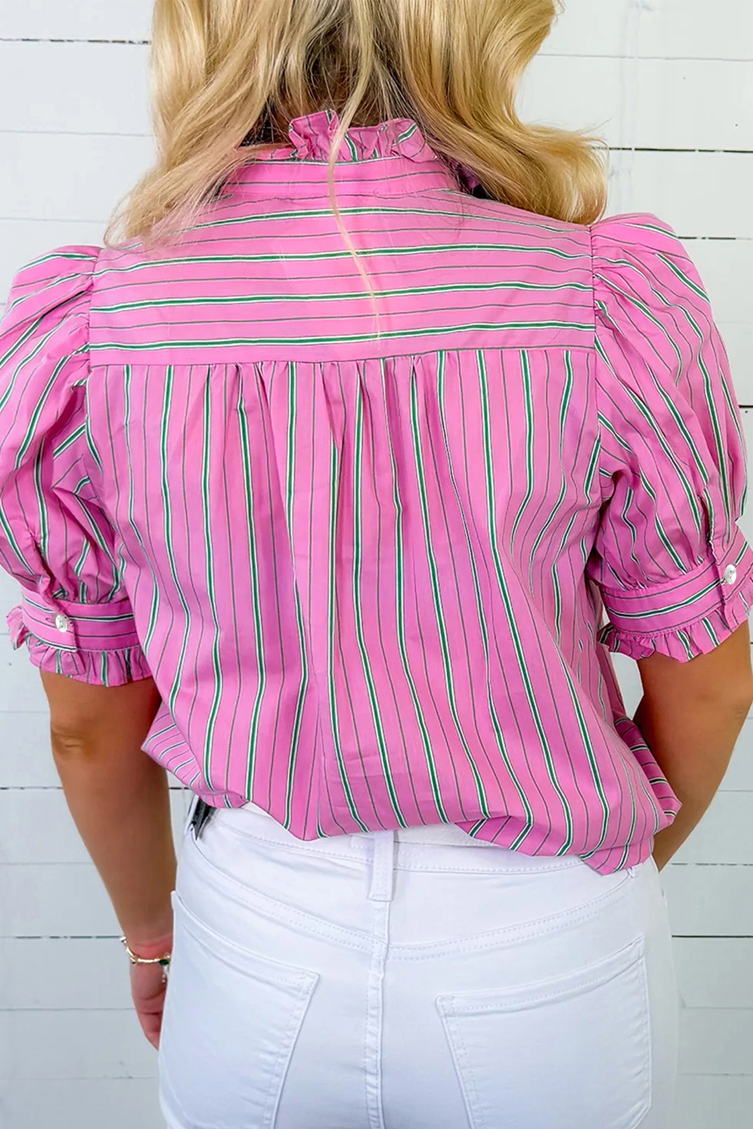 Chic Women's Pink Striped Blouse, Puff Sleeve Gift Top - Detail View 6