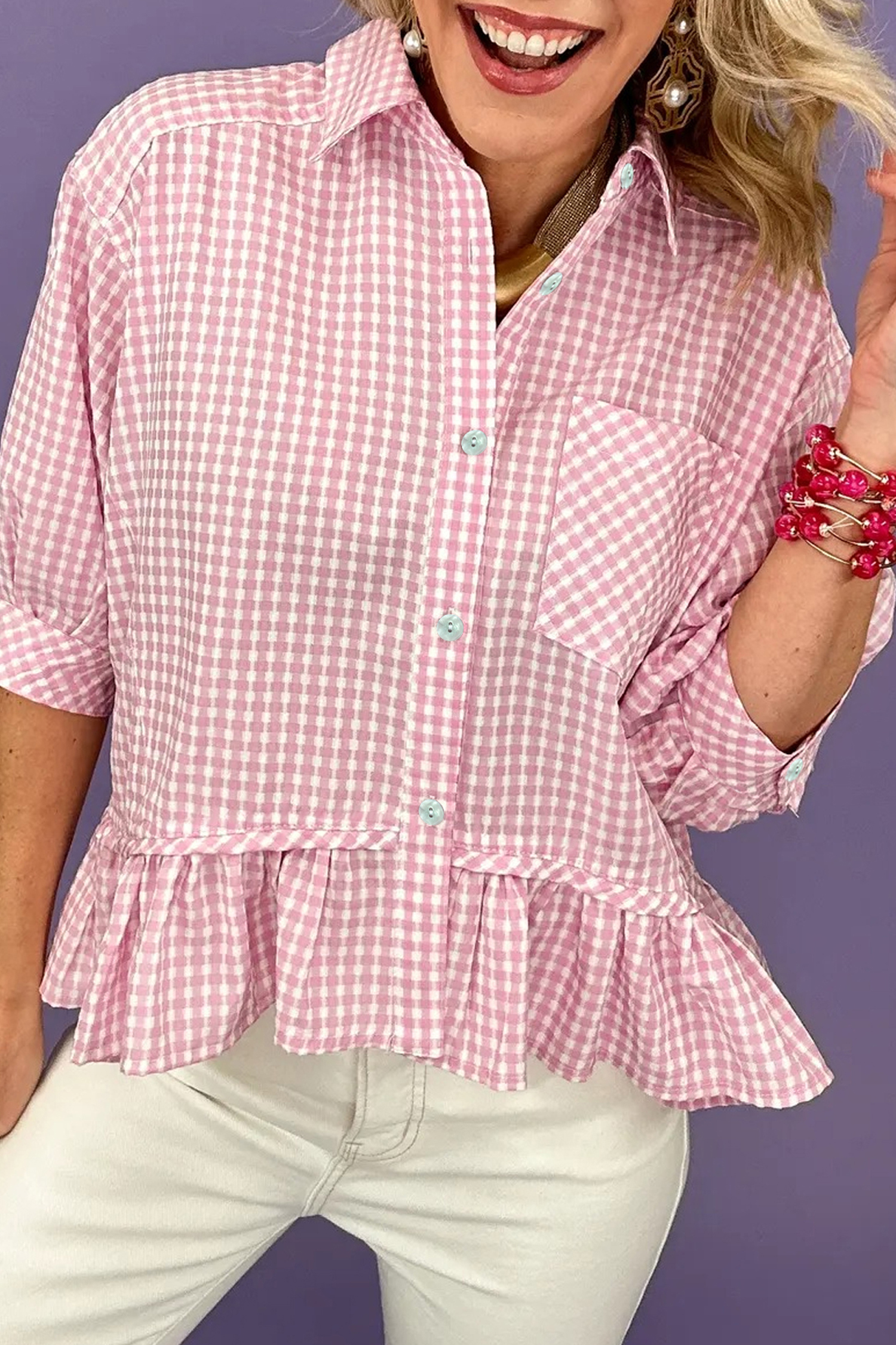Summer Pink Plaid Shirt for Women – Flowy Half Sleeve Ruffle Hem Viscose Blouse - Detail View 5