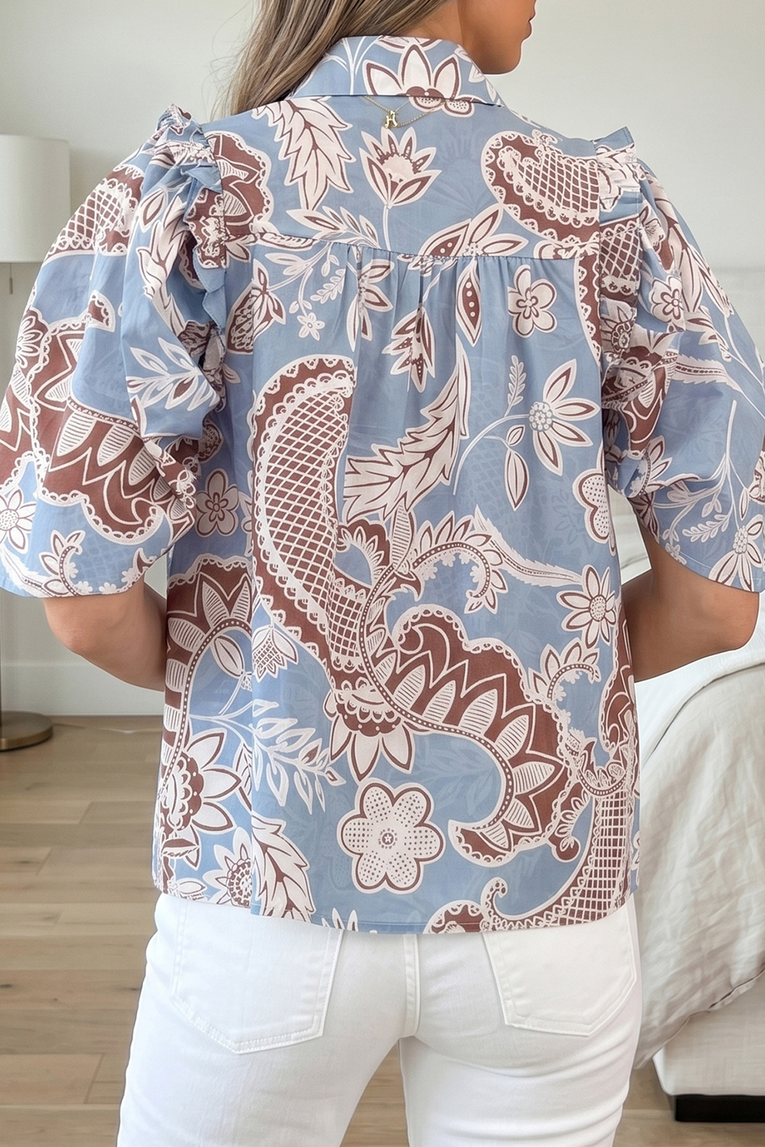 Women's Floral Button Down Shirt, Casual Short Sleeve Top - Detail View 2