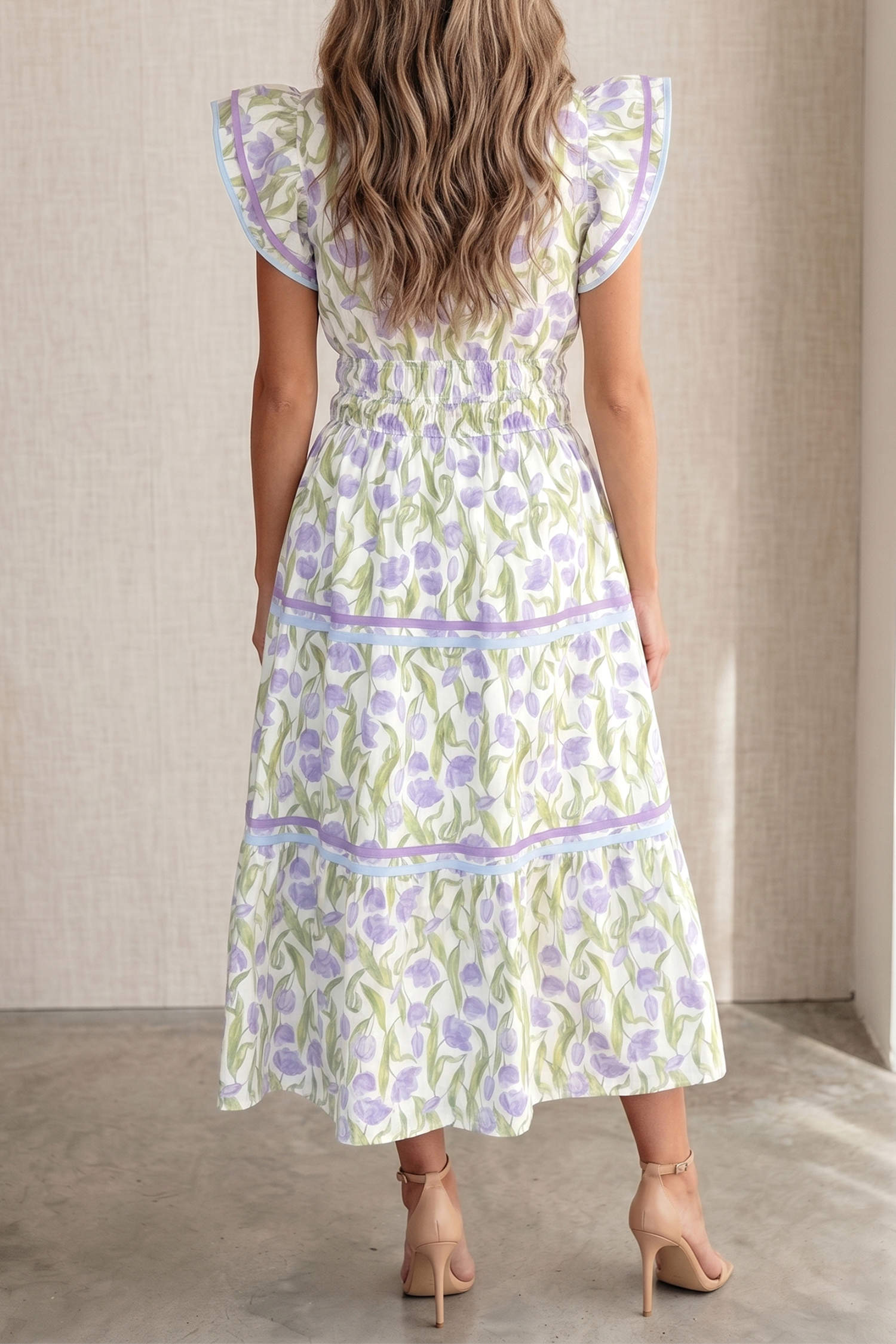 Chic Purple Floral Women's Summer Dress – Elegant Contrast Trim High Waist Midi Dress for Gifting - Detail View 3