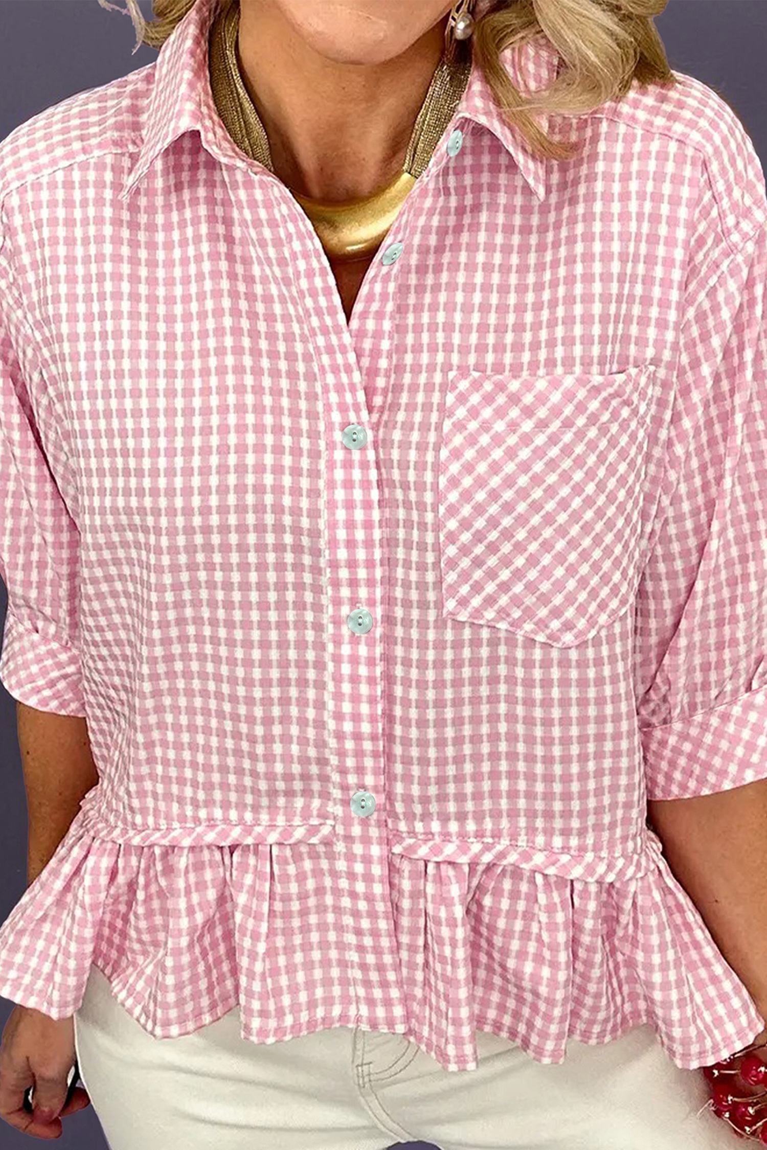 Casual Pink Plaid Button Down Top for Women – Half Sleeve Ruffle Hem Viscose Shirt, Gift Idea - Detail View 3