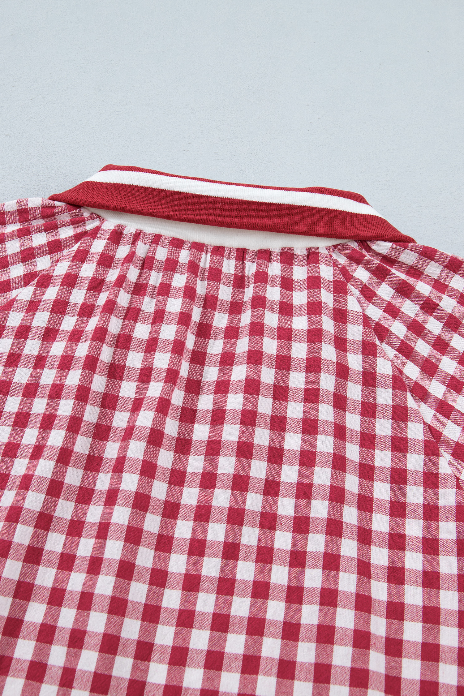Women's Red Gingham Half Zip Blouse – Casual Summer Top - Detail View 10