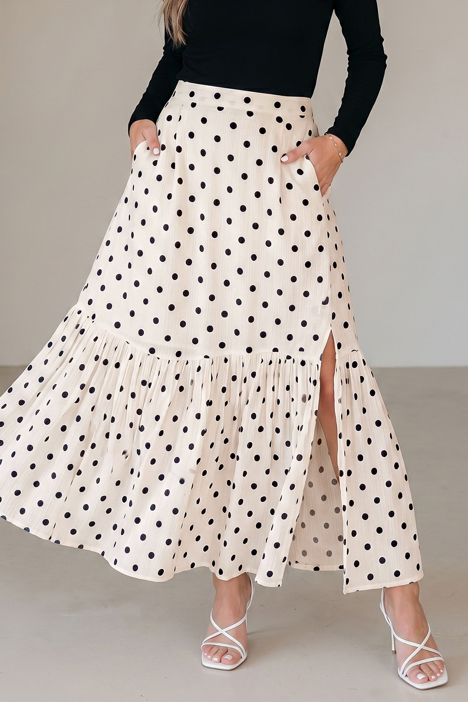 Chic White Polka Dot Long Skirt for Women – High Waist Split Detail, Vacation & Beach Ready - Detail View 5