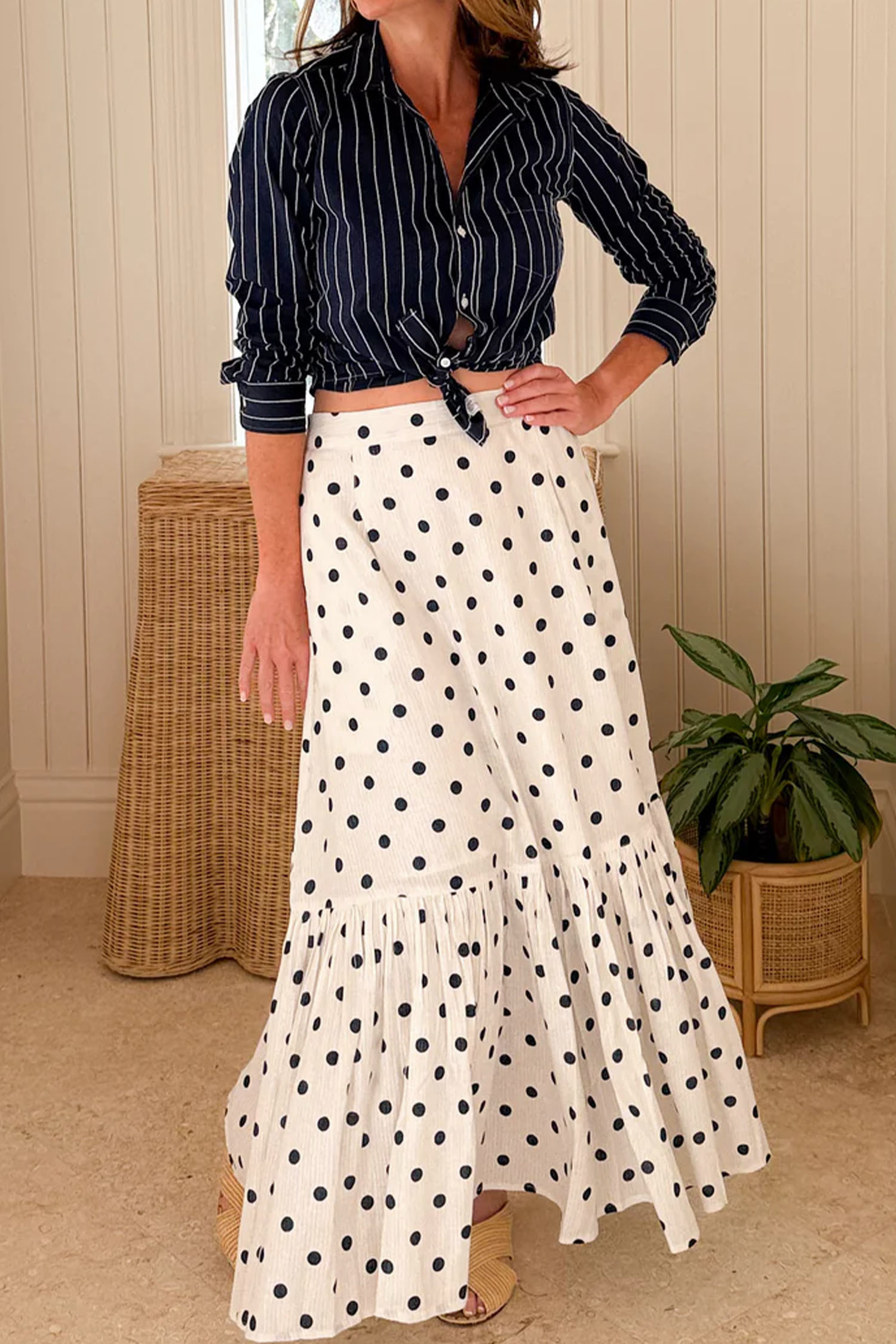 Women's White Polka Dot Maxi Skirt – High Waist Ruffled Hem, Casual Summer Daily Wear - Detail View 7
