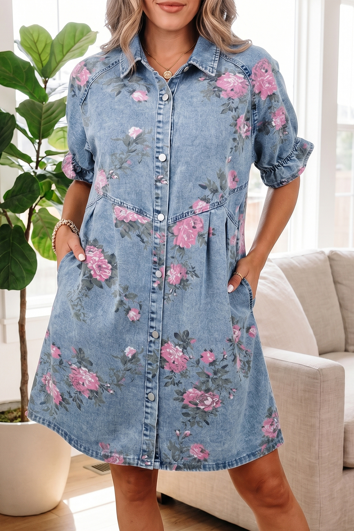 Floral Print Denim Mini Dress for Women - Summer Short Sleeve High Waist Country Style Dress - Detail View 2