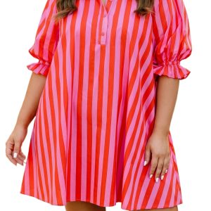 Women's Rose Stripe Mini Dress – Casual Short Sleeve V-Neck Shift Dress for Summer - Main View