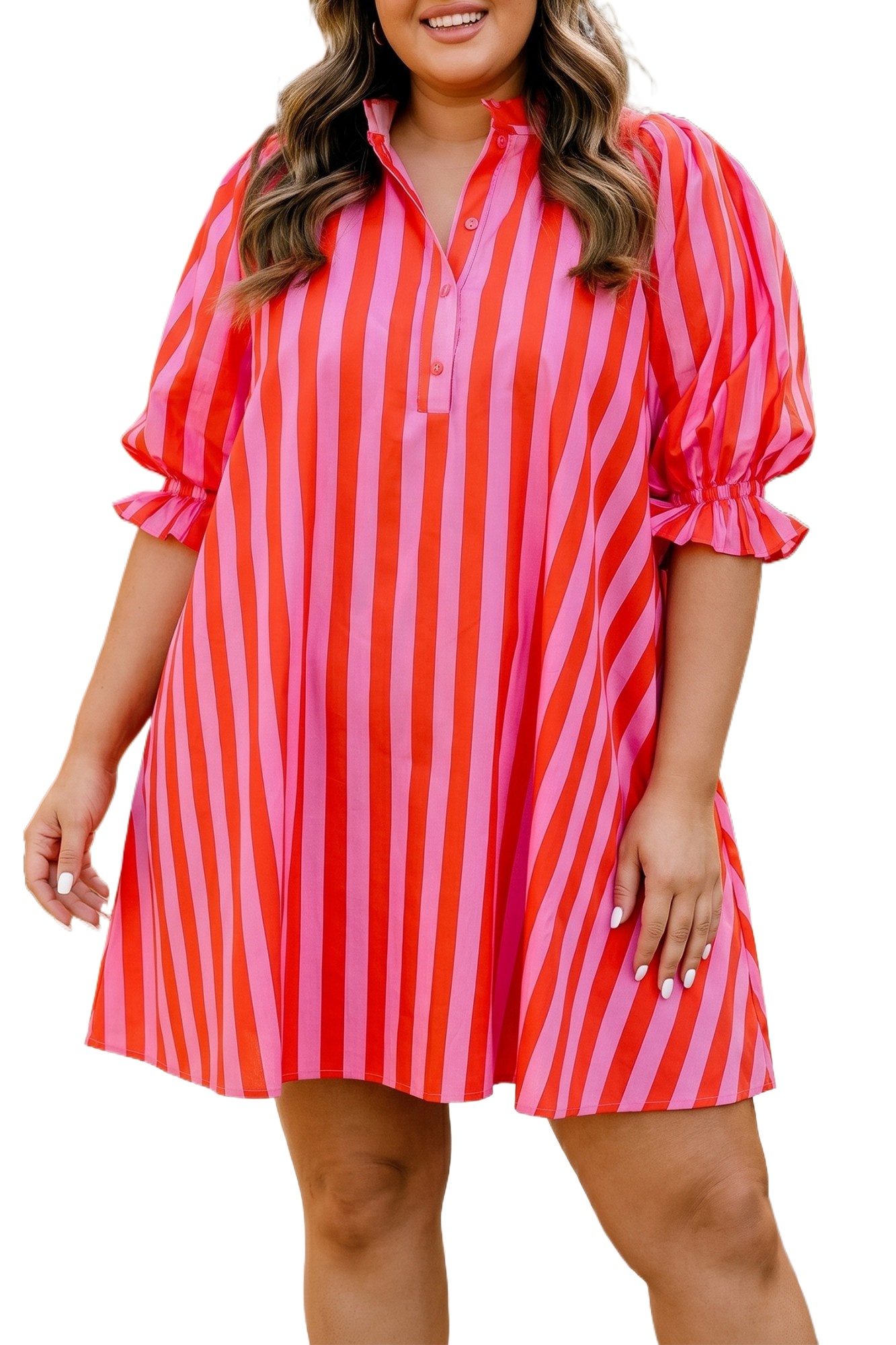 Women's Rose Stripe Mini Dress – Casual Short Sleeve V-Neck Shift Dress for Summer - Main View