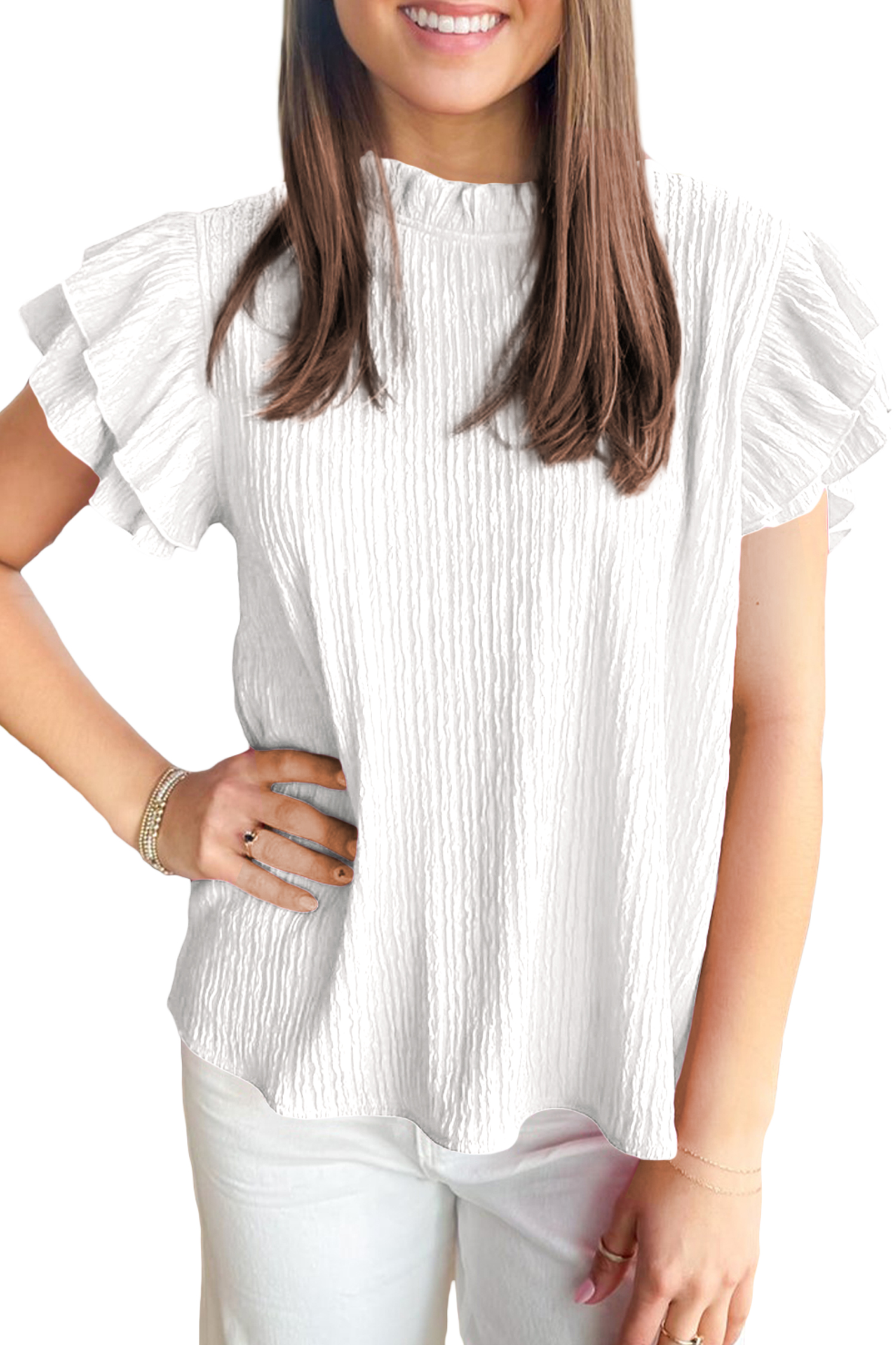 Chic White Textured Blouse for Women – Summer Gift Top - Detail View 12