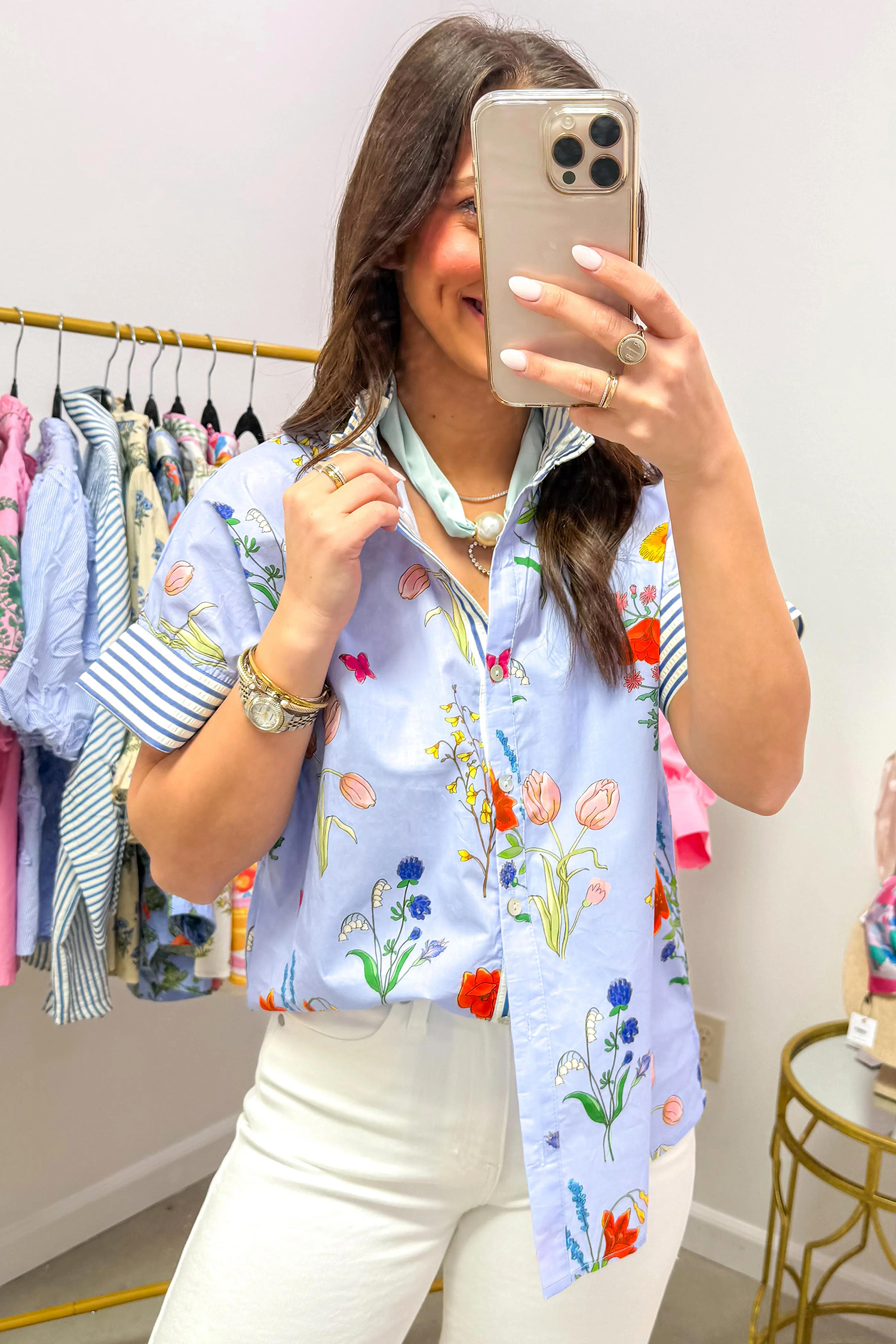 Women's Sky Blue Floral Print Shirt – Casual Short Sleeve Button-Up Top for Summer Days - Detail View 5