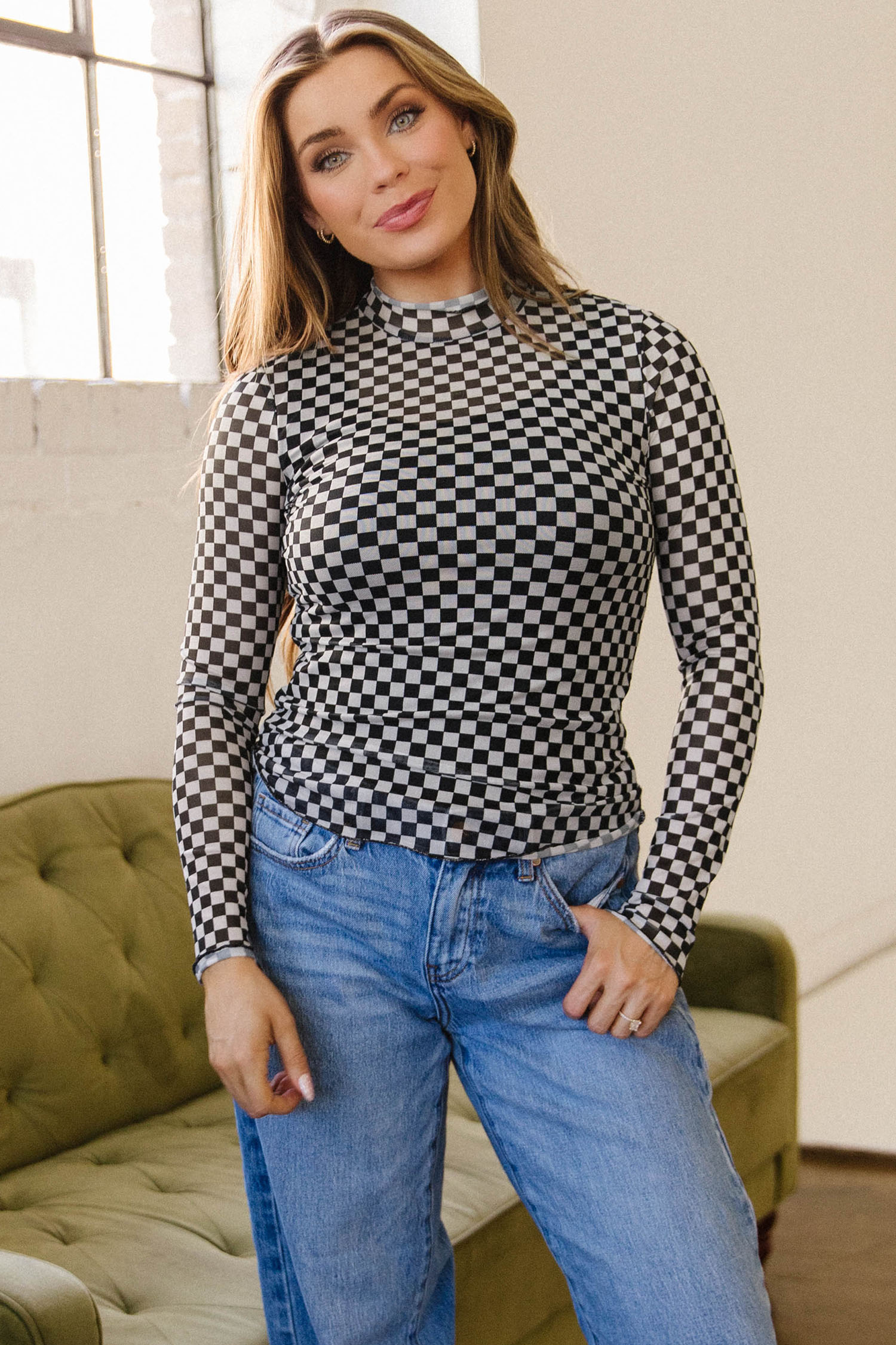 Women's Plaid Stand Neck Mesh Top – Casual Long Sleeve Tee - Detail View 6