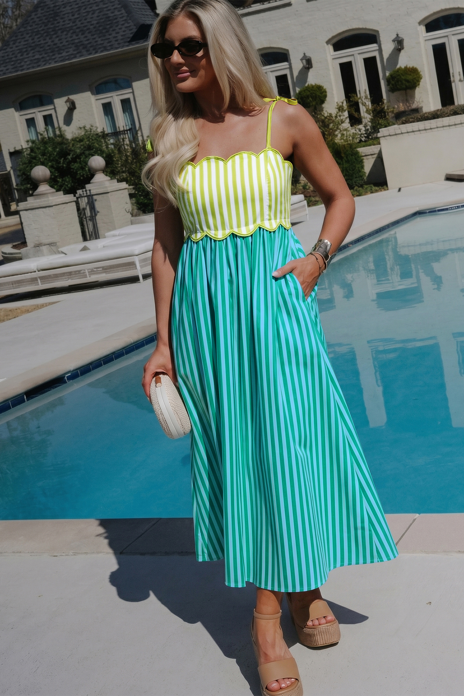 Women's Tie Strap A-Line Dress – Casual Green Stripe Midi - Detail View 2