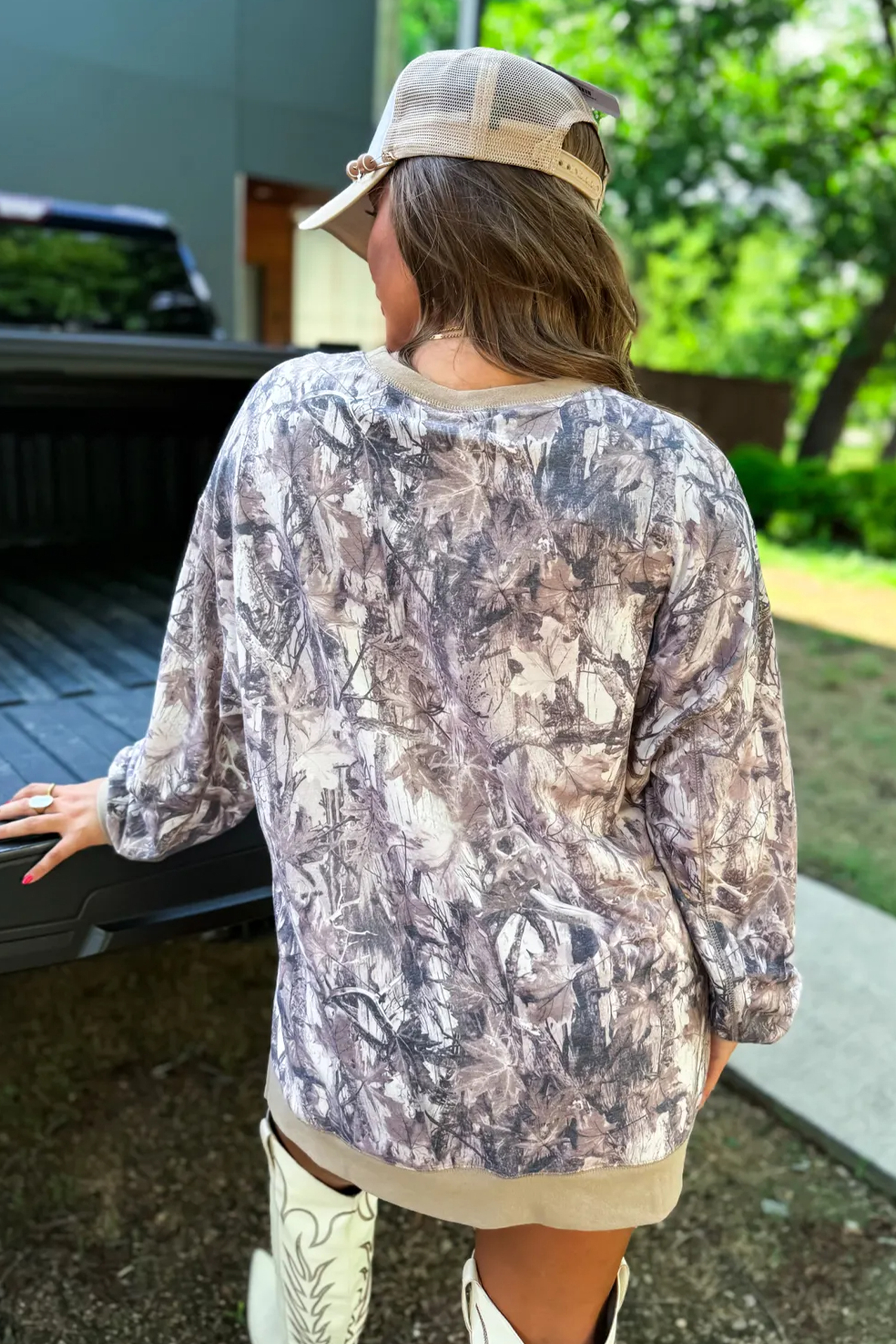 Women's Khaki Camo Tunic Sweatshirt – Casual Fall Pullover - Detail View 16