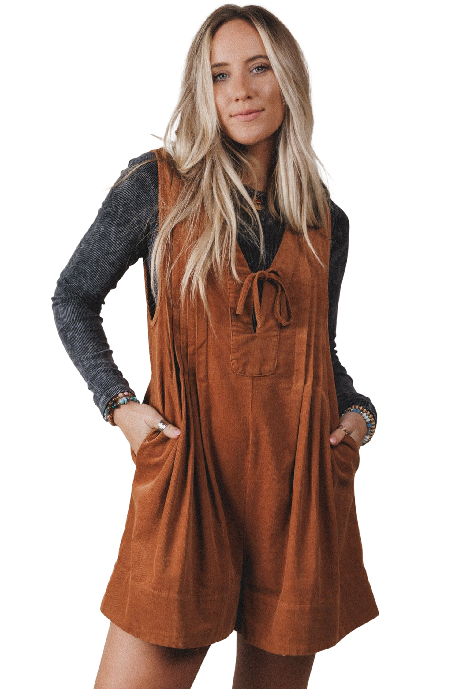 Women's Cinnamon Corduroy Romper – Sleeveless Fall Jumpsuit - Main View