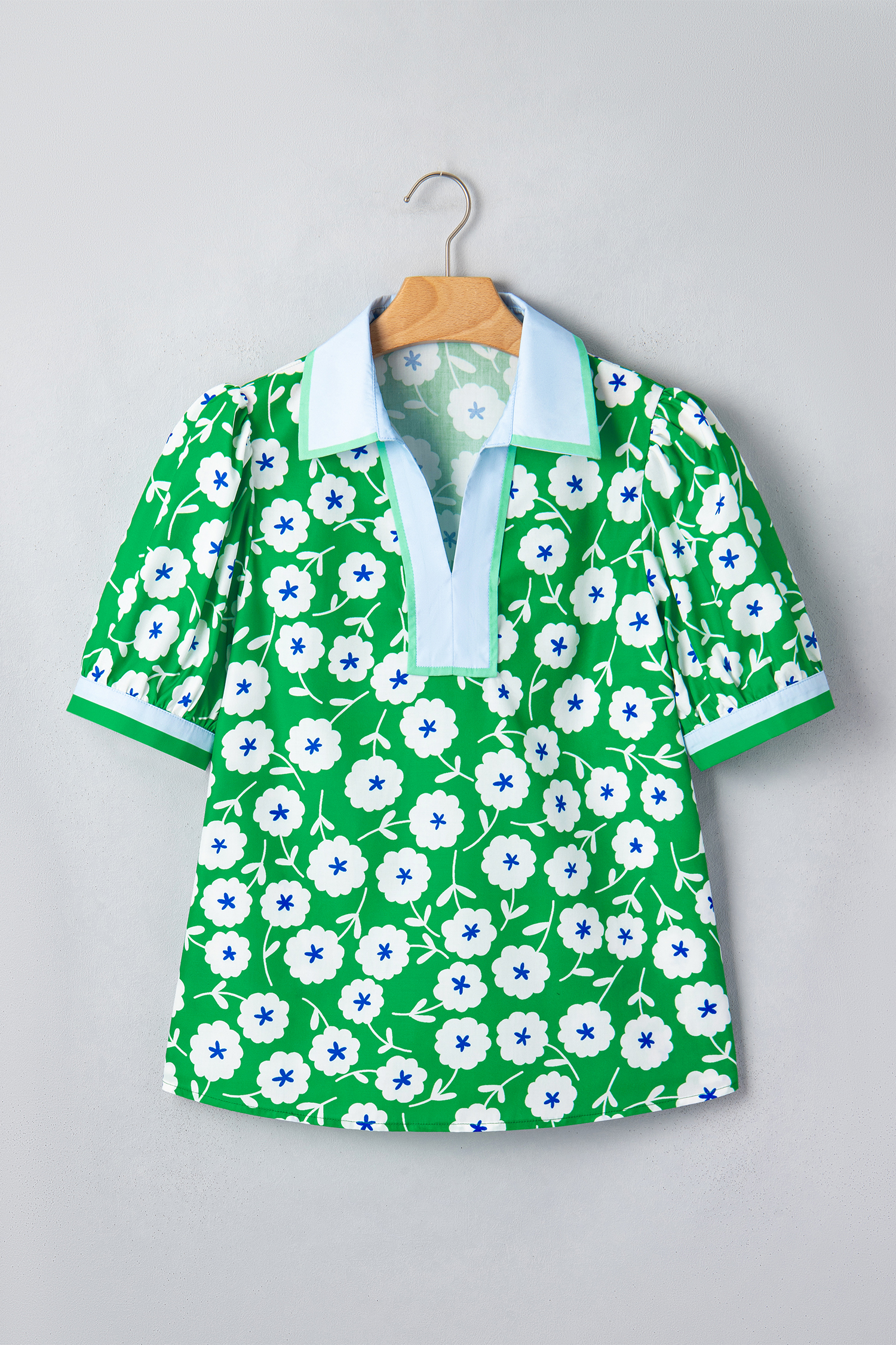 Chic Green Floral Women's Blouse – Short Sleeve V-Neck Shift Top, Stylish Gift for Summer Vacations - Detail View 3