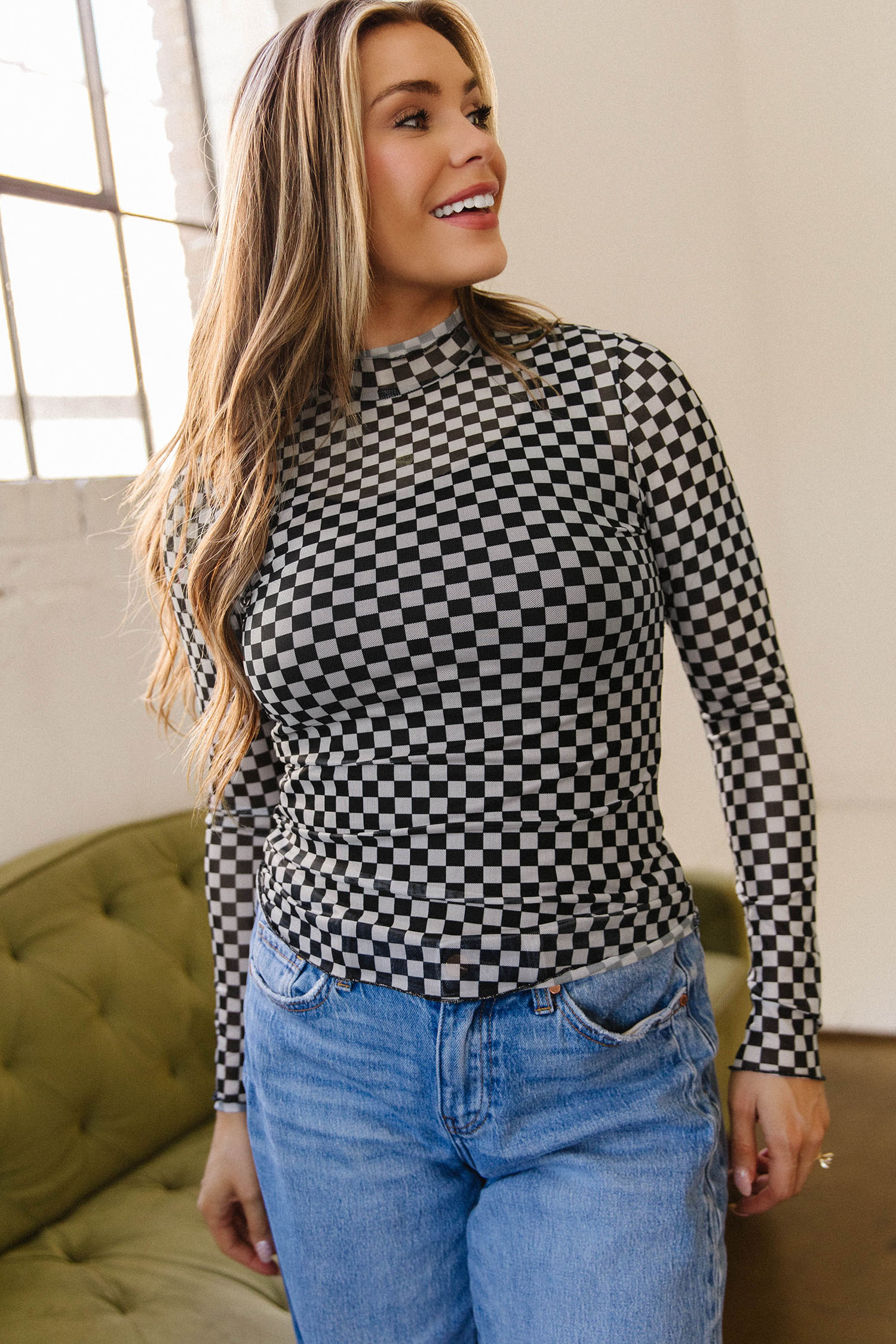 Women's Black Plaid Mesh Top – Mock Neck Long Sleeve Shirt - Detail View 10