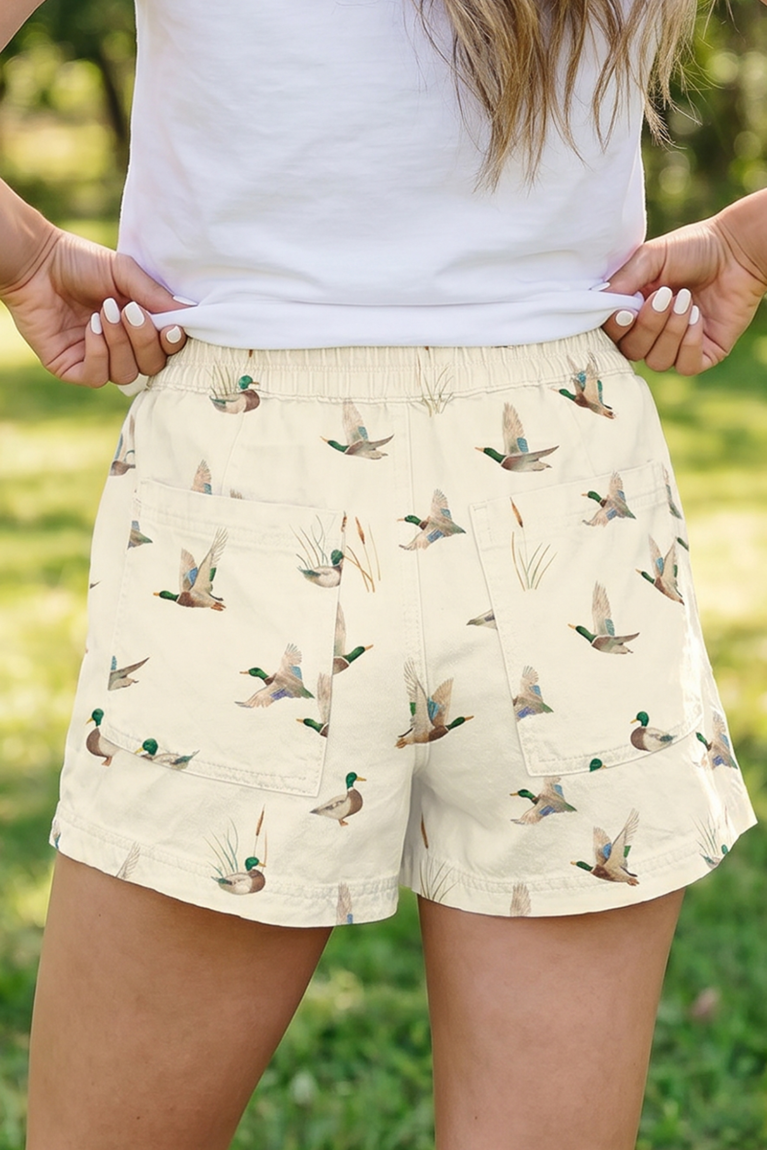 Beige Mallard Duck Printed Women's Denim Shorts - Summer Casual Drawstring Shorts with Pockets - Detail View 2