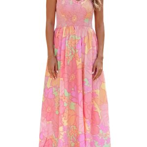 Women's Floral Shirred Maxi Dress – Pink Summer A-Line Dress - Main View