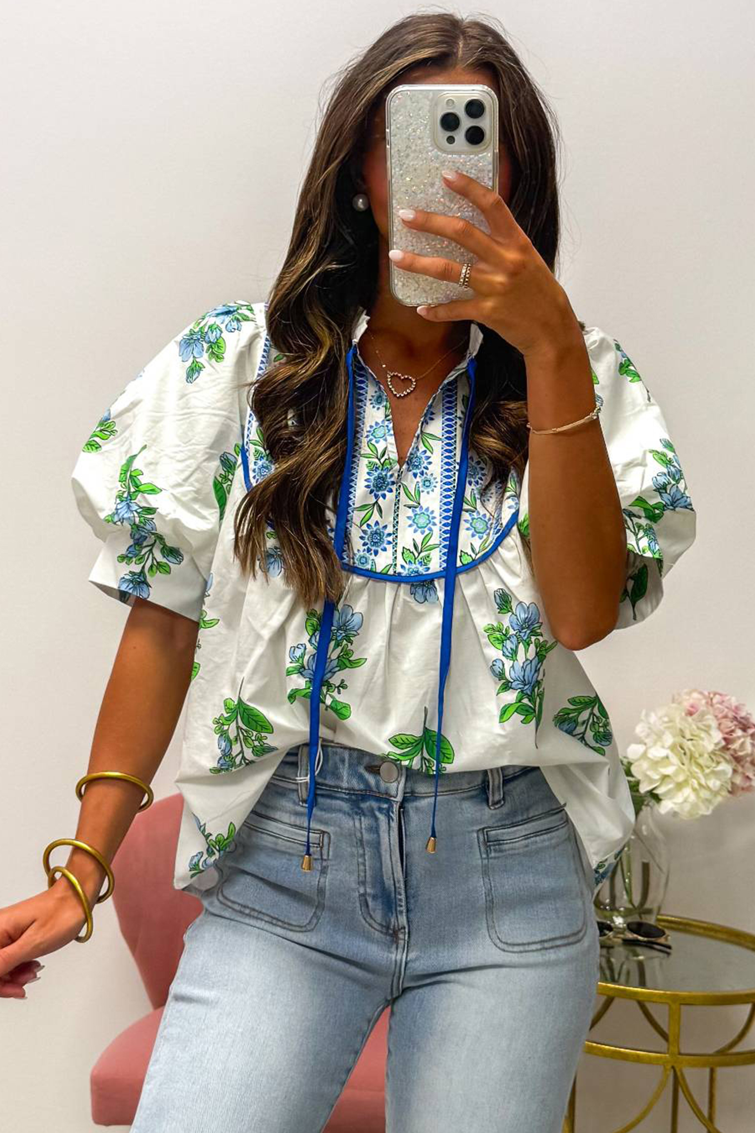 White Floral Print Women's Blouse – Southern Belle Puff Sleeve V-Neck Top for Summer & Daily Wear - Detail View 3
