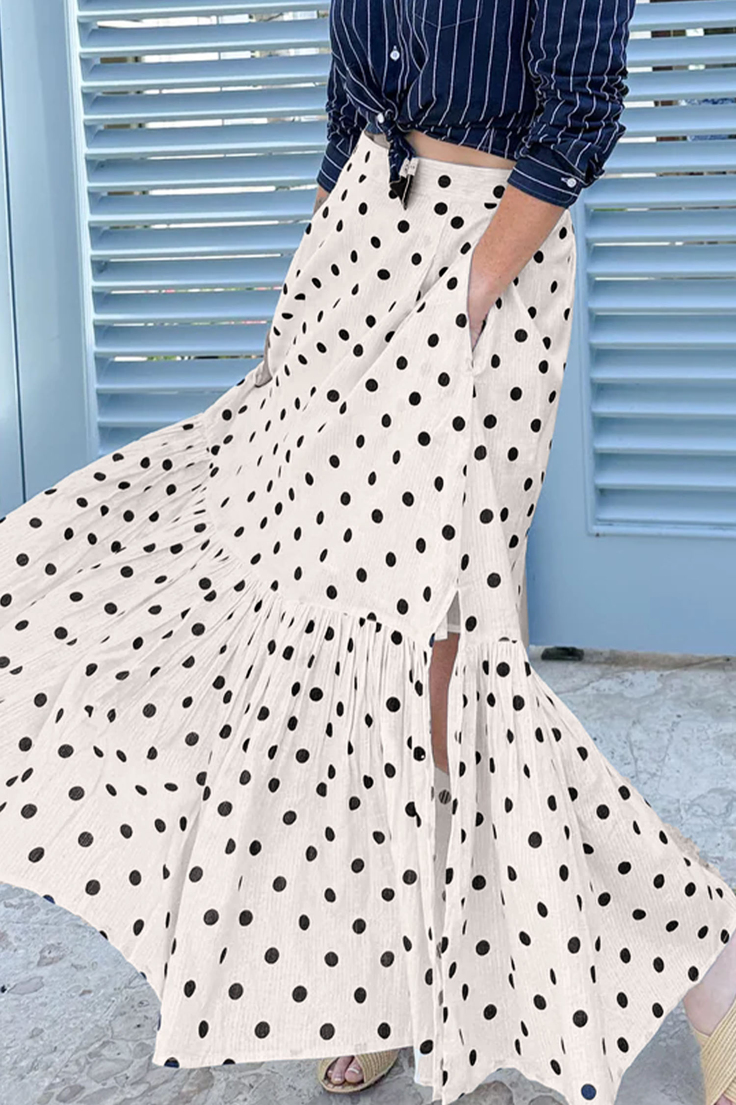 Chic White Polka Dot Long Skirt for Women – High Waist Split Detail, Vacation & Beach Ready - Detail View 8
