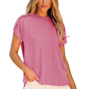 Women's Pink Textured Knit T-Shirt – Casual Short Sleeve Top - Main View
