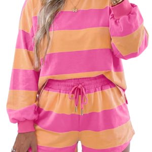 Women's Pink Stripe 2-Piece Set – Casual Top & Shorts - Main View