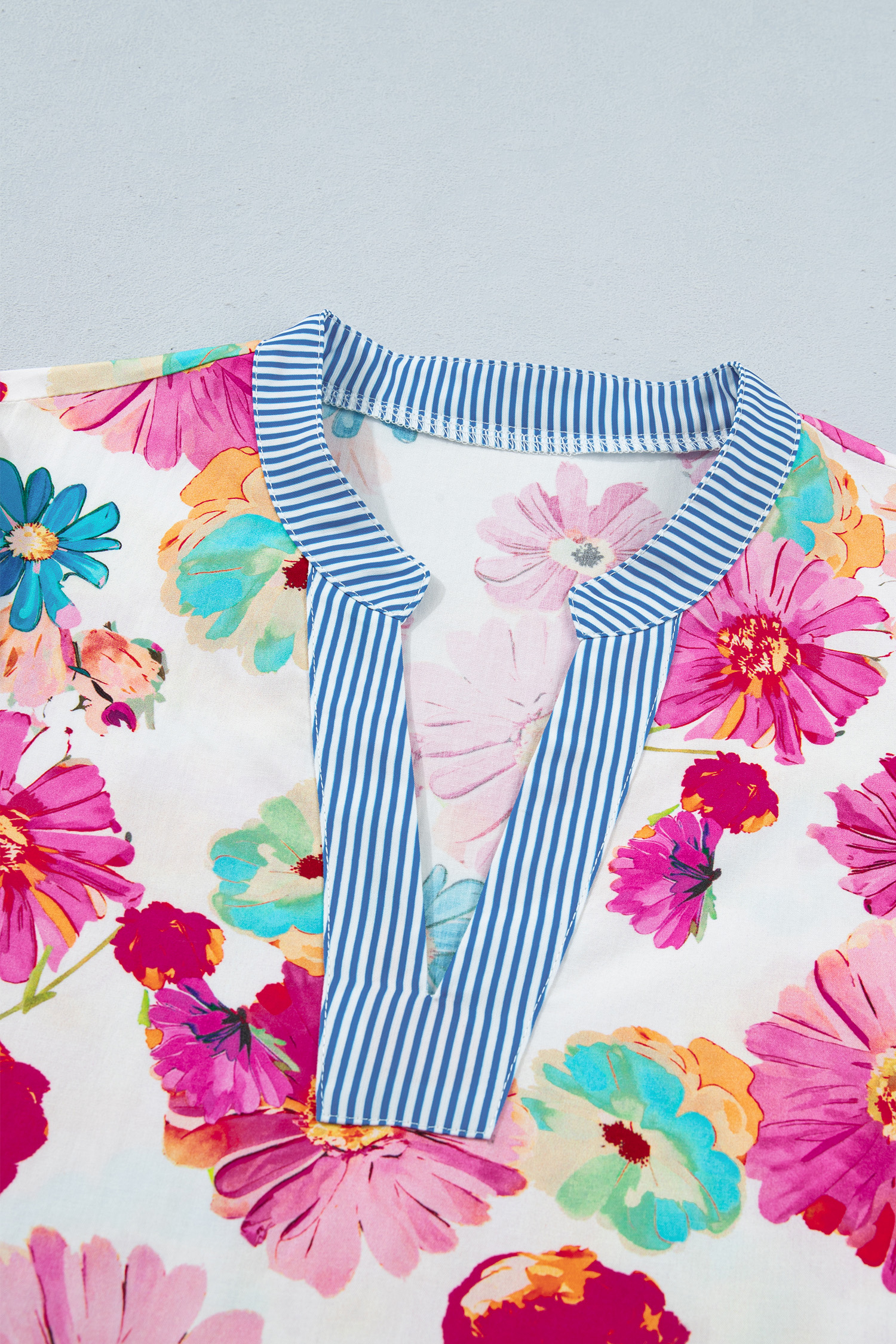 Women's Summer Floral Puff Sleeve Top – Striped Trim V-Neck - Detail View 6