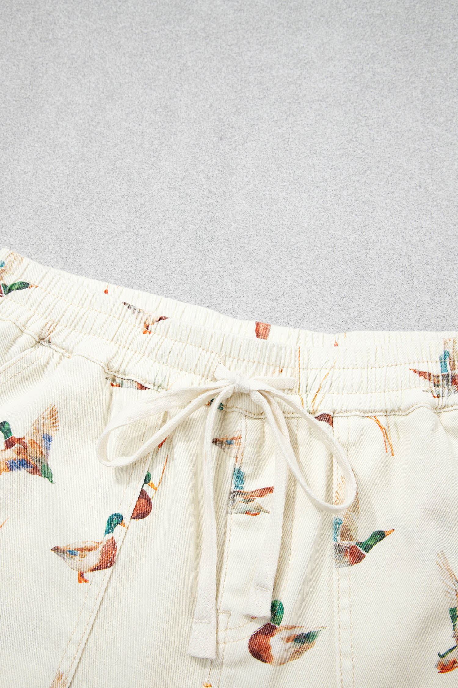 Beige Mallard Duck Printed Women's Denim Shorts - Summer Casual Drawstring Shorts with Pockets - Detail View 14