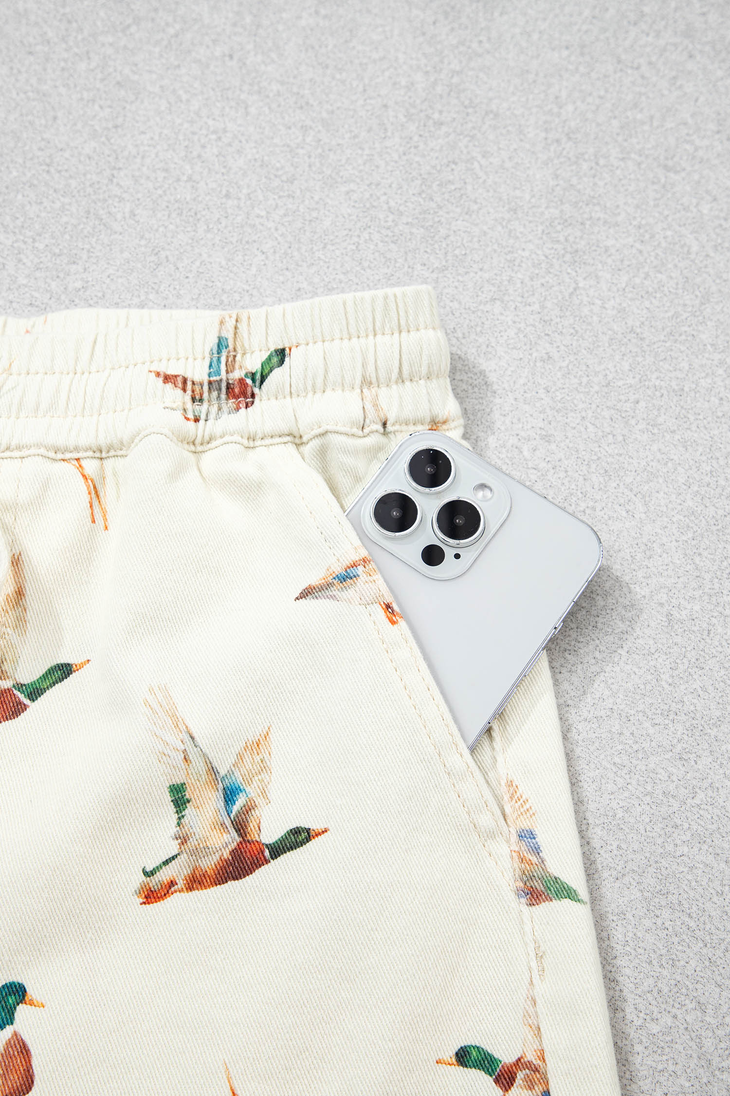 Women's Animal Print Denim Shorts – Nature Inspired Beige Mallard Duck Shorts for Daily Wear - Detail View 12