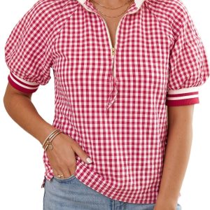 Women's Red Gingham Half Zip Blouse – Casual Summer Top - Main View