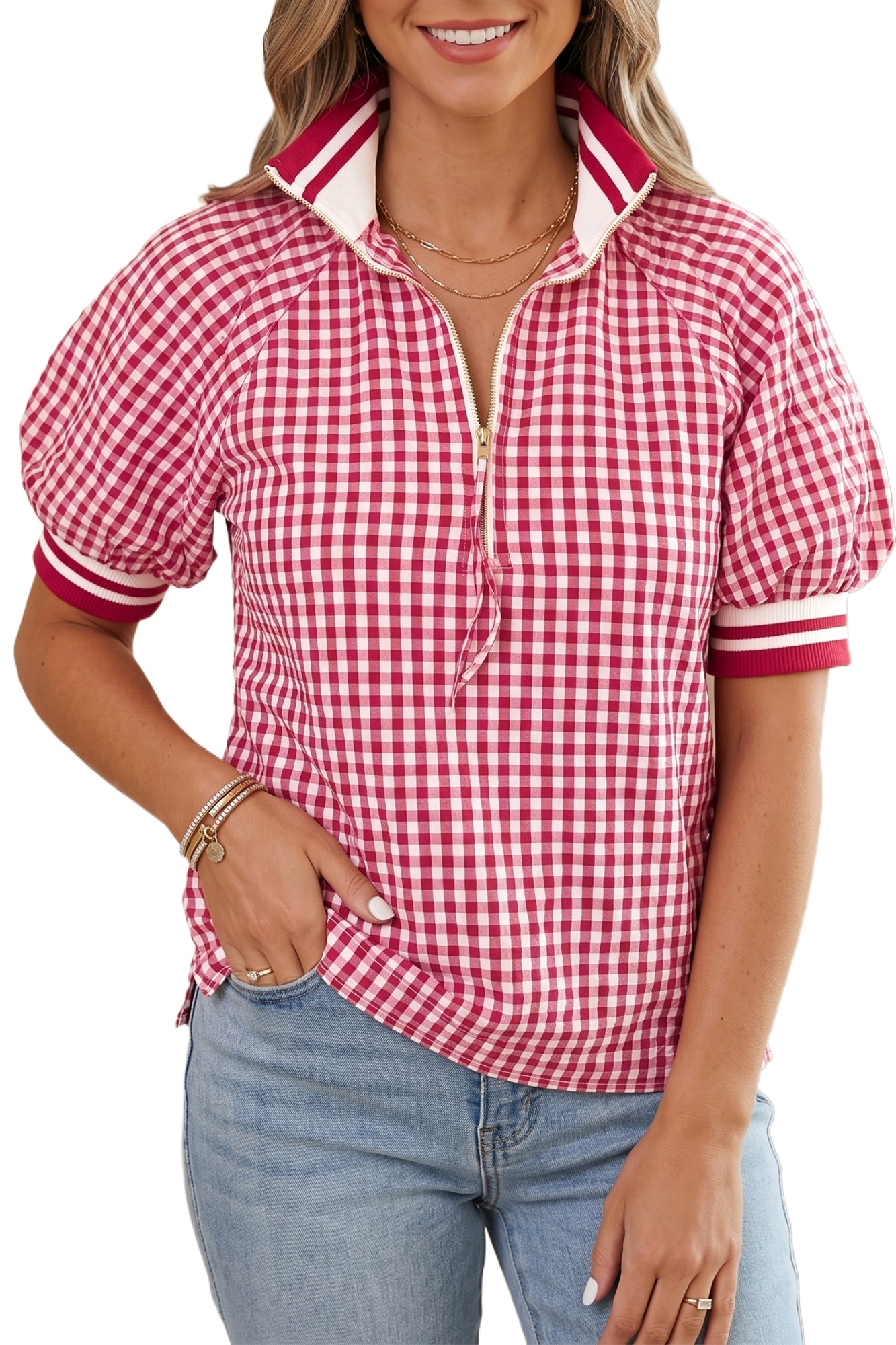 Women's Red Gingham Half Zip Blouse – Casual Summer Top - Main View