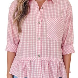 Women's Pink Plaid Button Down Shirt – Ruffle Hem Half Sleeve Casual Viscose Top - Main View