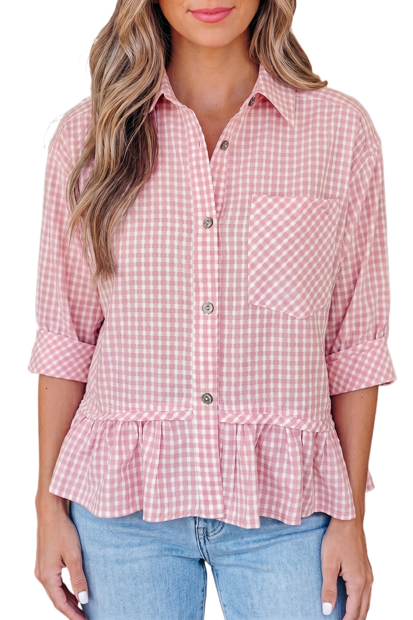 Women's Pink Plaid Button Down Shirt – Ruffle Hem Half Sleeve Casual Viscose Top - Main View