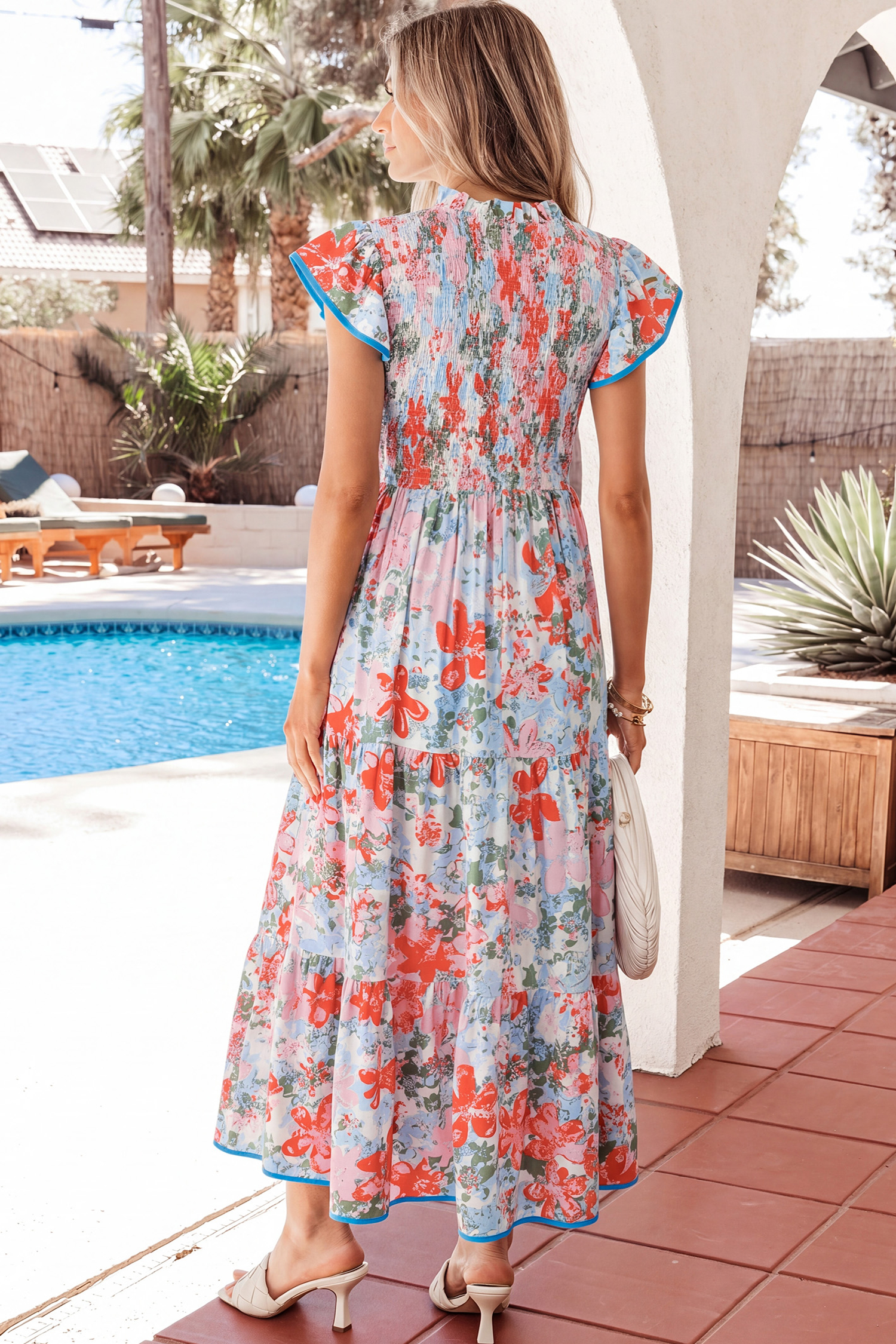 Boho Floral Print Long Dress for Women – Shirred V Neck Contrast Trim Flutter Sleeve A-Line Dress - Detail View 2