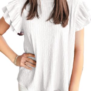 Women's White Textured Ruffle Blouse – Casual Daily Top - Main View