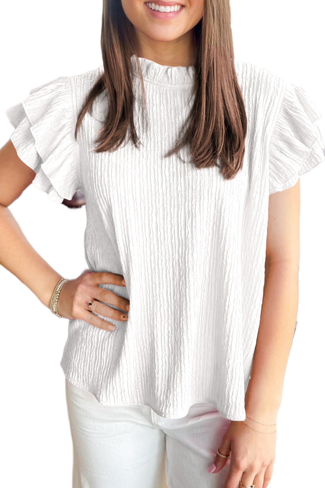 Women's White Textured Ruffle Blouse – Casual Daily Top - Main View