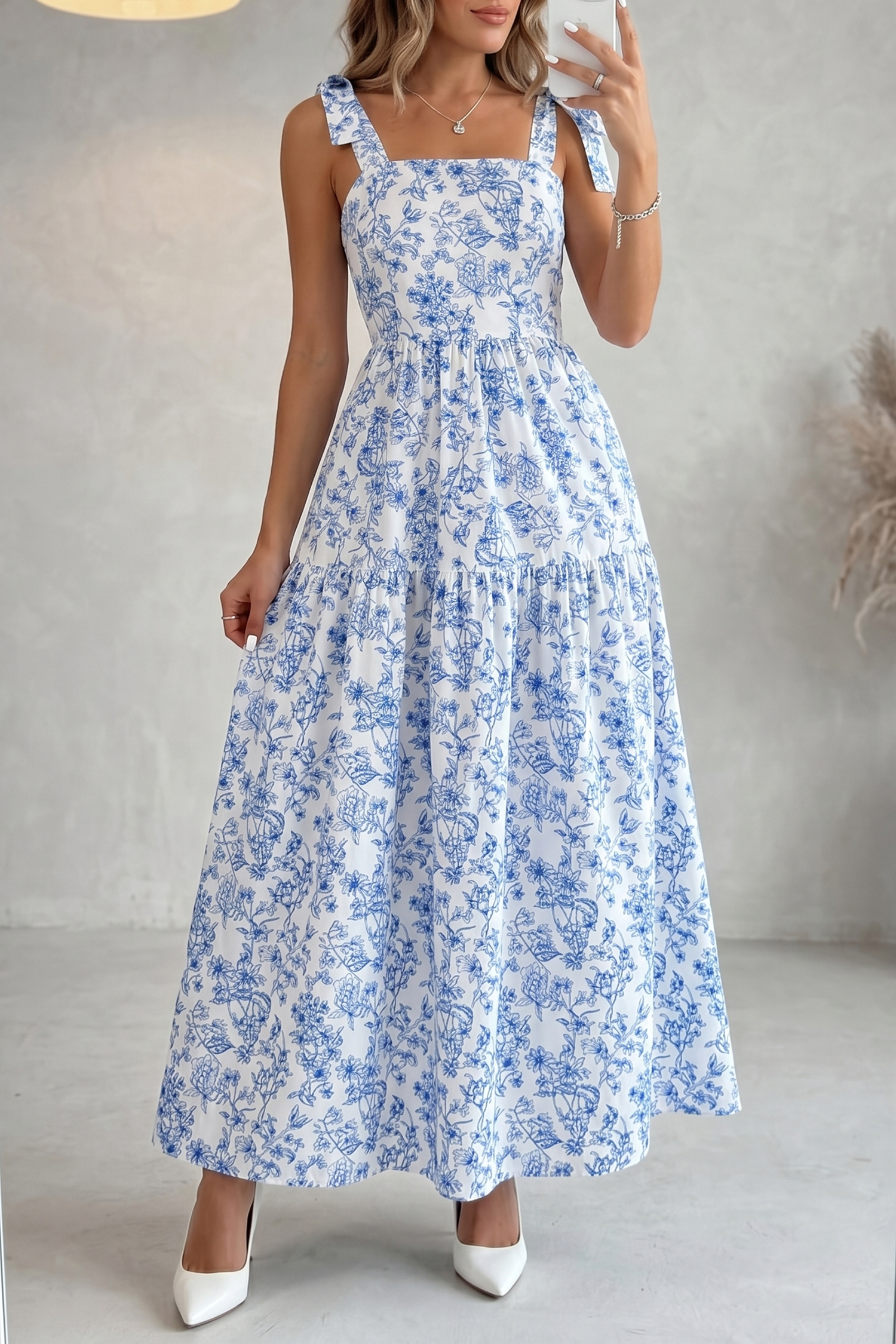 Boho Floral High Waist Long Dress for Women – Sleeveless Knot Strap Vacation Maxi Dress - Detail View 2