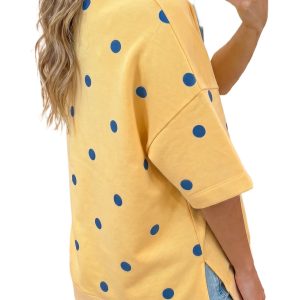 Women's Yellow Polka Dot Oversize Tee – Casual Short Sleeve Round Neck Top for Daily Wear - Main View