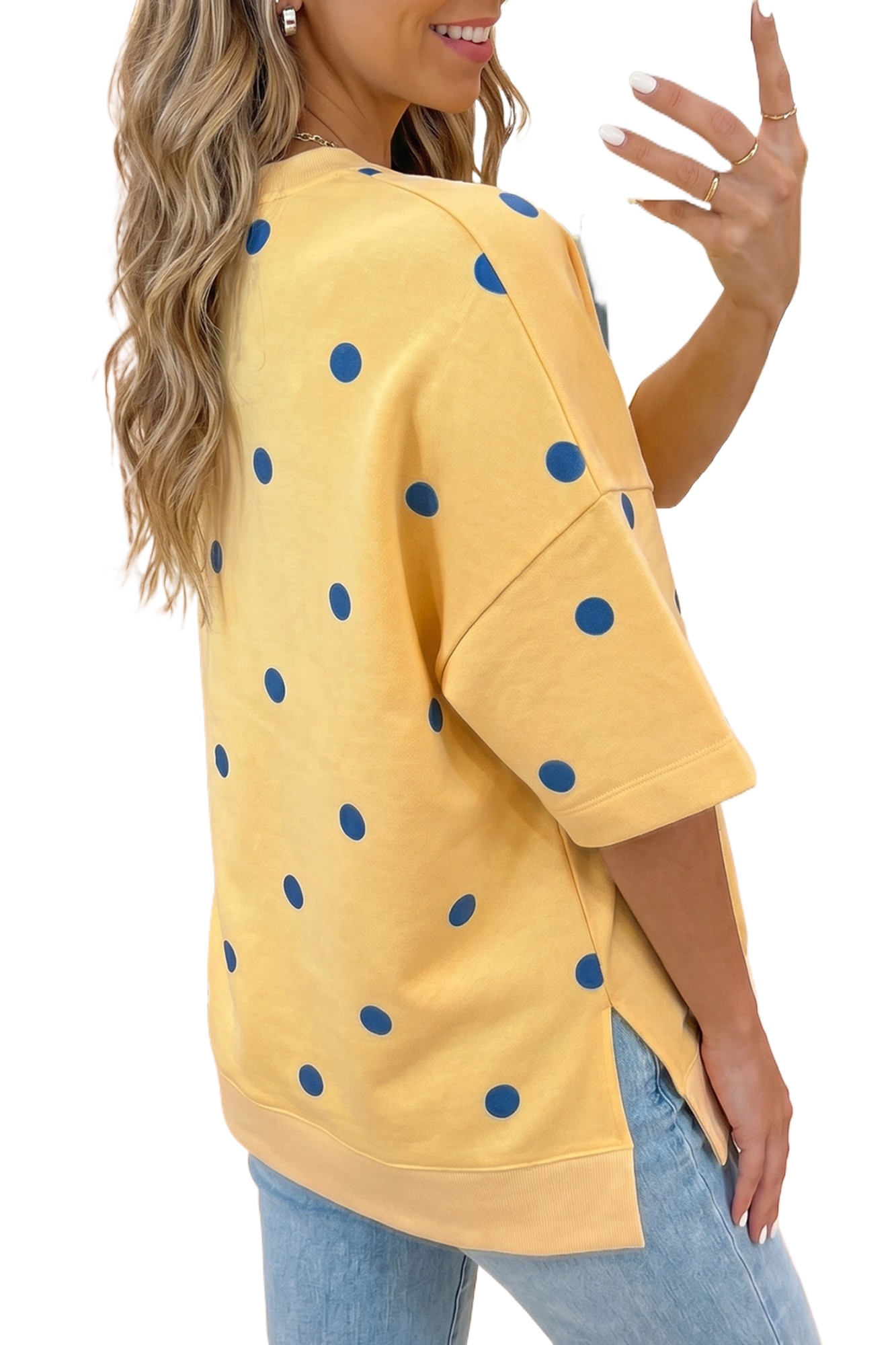 Women's Yellow Polka Dot Oversize Tee – Casual Short Sleeve Round Neck Top for Daily Wear - Main View