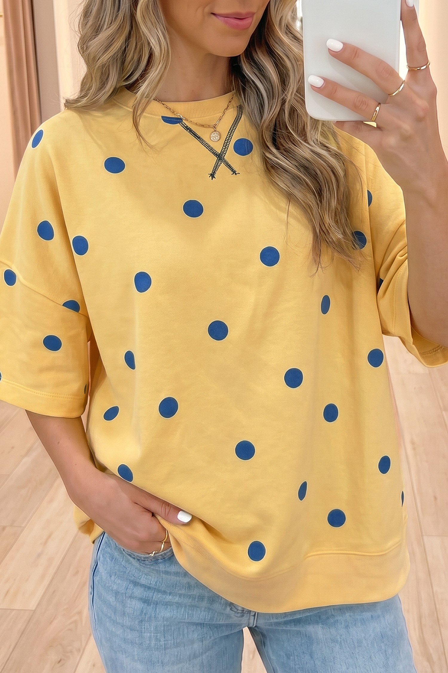Women's Summer Polka Dot T-Shirt – Loose Fit Yellow Short Sleeve Top, Chic Casual Style - Detail View 2