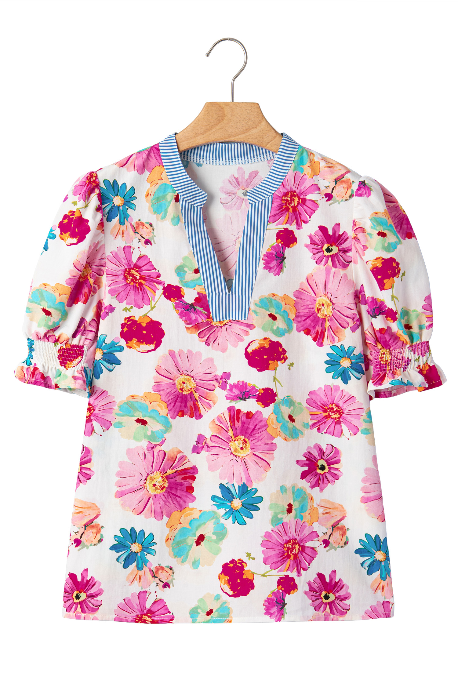 Women's Summer Floral Puff Sleeve Top – Striped Trim V-Neck - Detail View 3