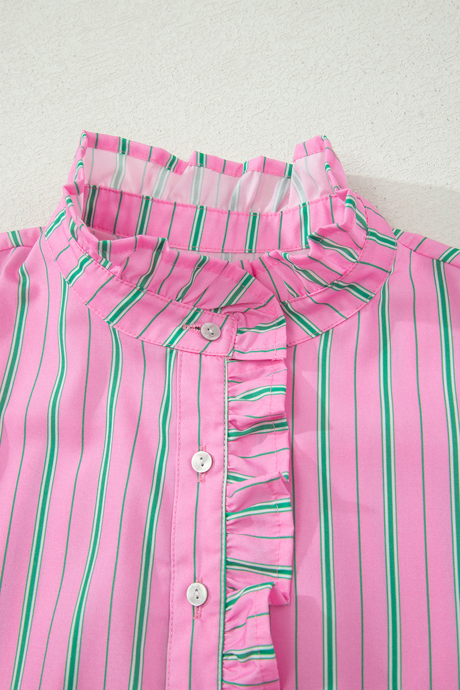 Women's Ruffle Stand Neck Striped Blouse - Summer Top - Detail View 8