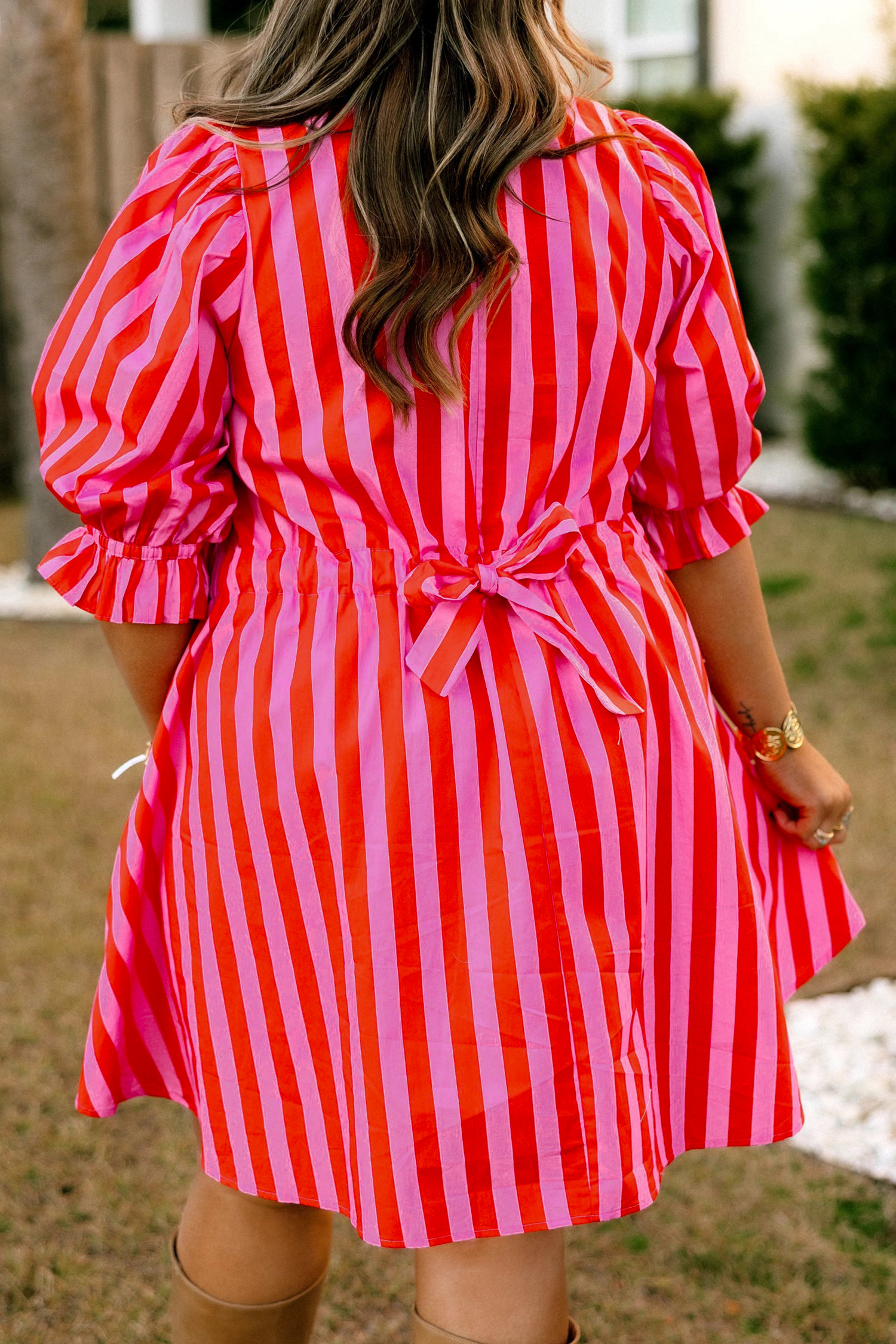 Striped Frilled Collar Women's Mini Dress – Button Neck Short Sleeve High Waist Casual Dress - Detail View 5