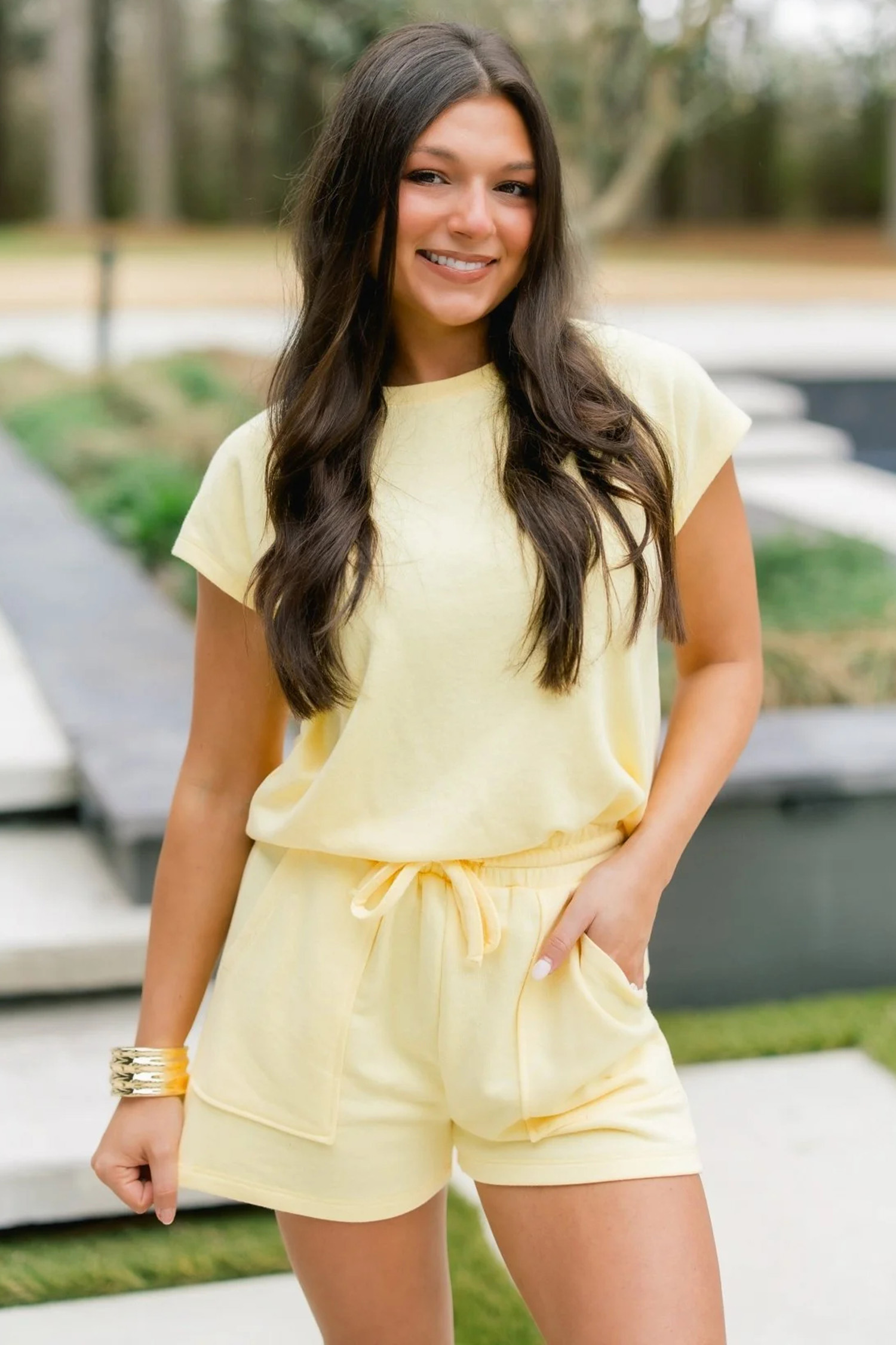 Versatile Women's Cotton Blend Summer Set – Pastel Yellow Top & High Waist Shorts, Thoughtful Gift for Her - Detail View 6