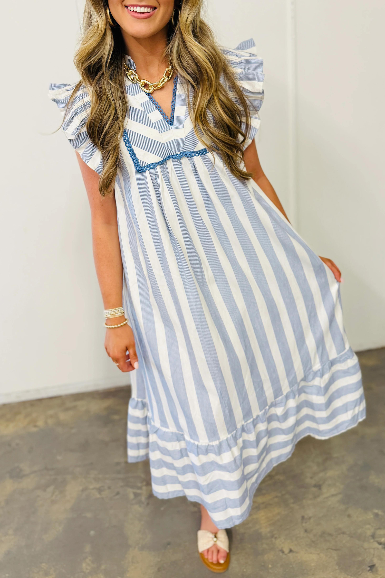 Women's Sky Blue Stripe Summer Shift Dress – V-Neck Short Sleeve Ruffle Trim, Ideal for Graduation & Daily Wear - Detail View 5