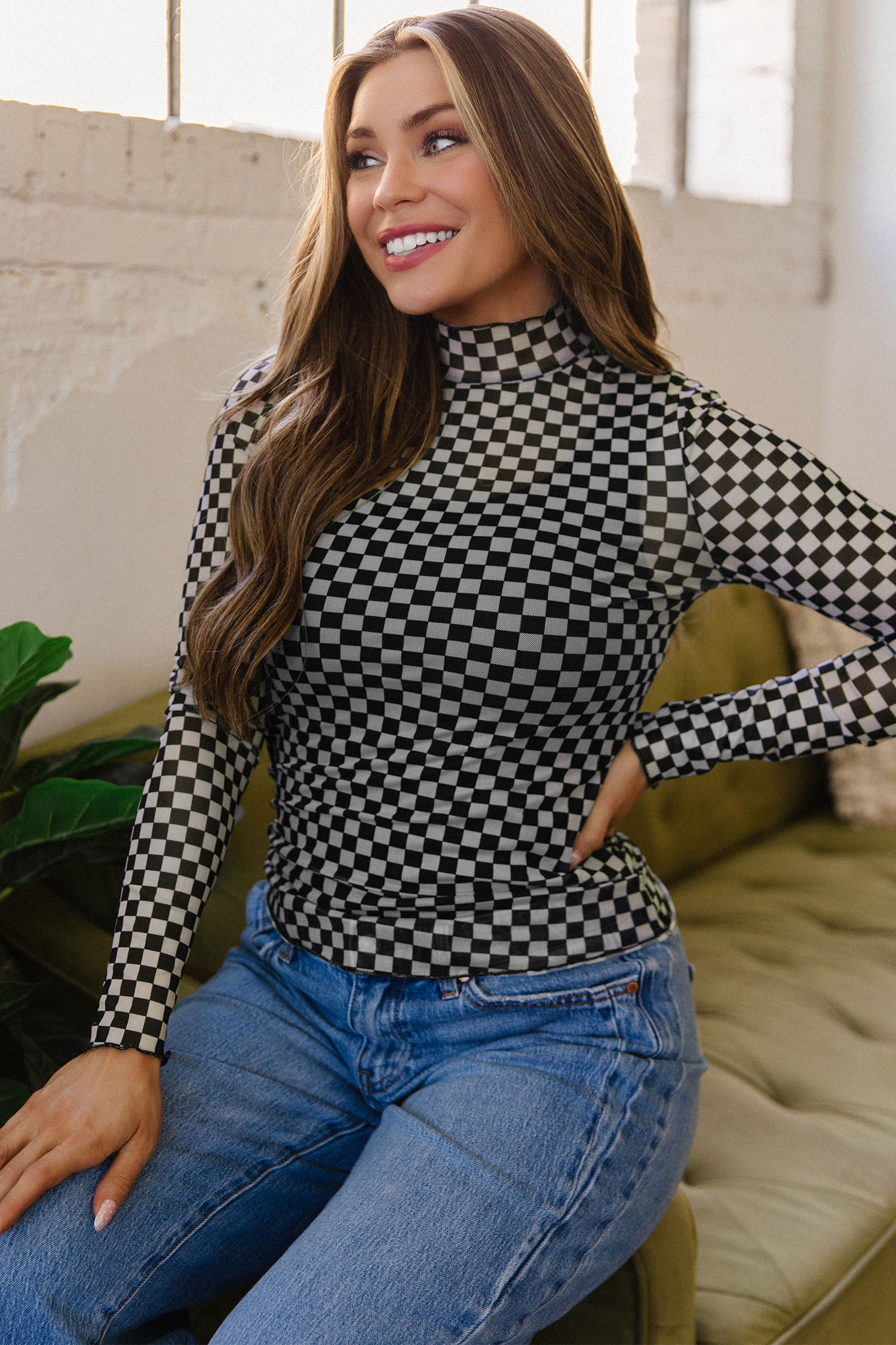 Women's Checkered Mesh Top, Fall Mock Neck Long Sleeve Tee - Detail View 5
