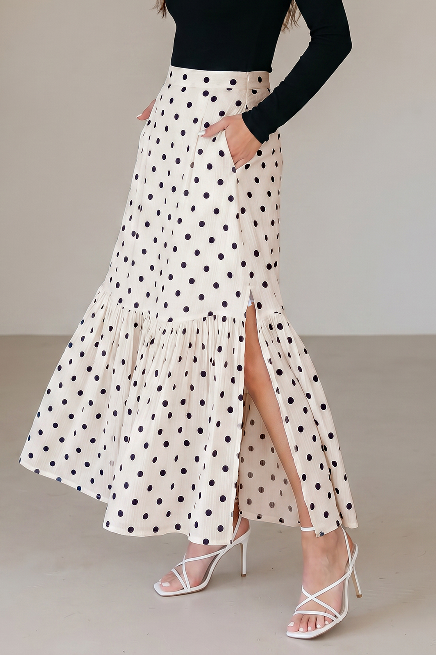 Elegant Women's Polka Dot Flowy Skirt – Ruffled Hem & Split Design, Versatile Gift for Adults - Detail View 3