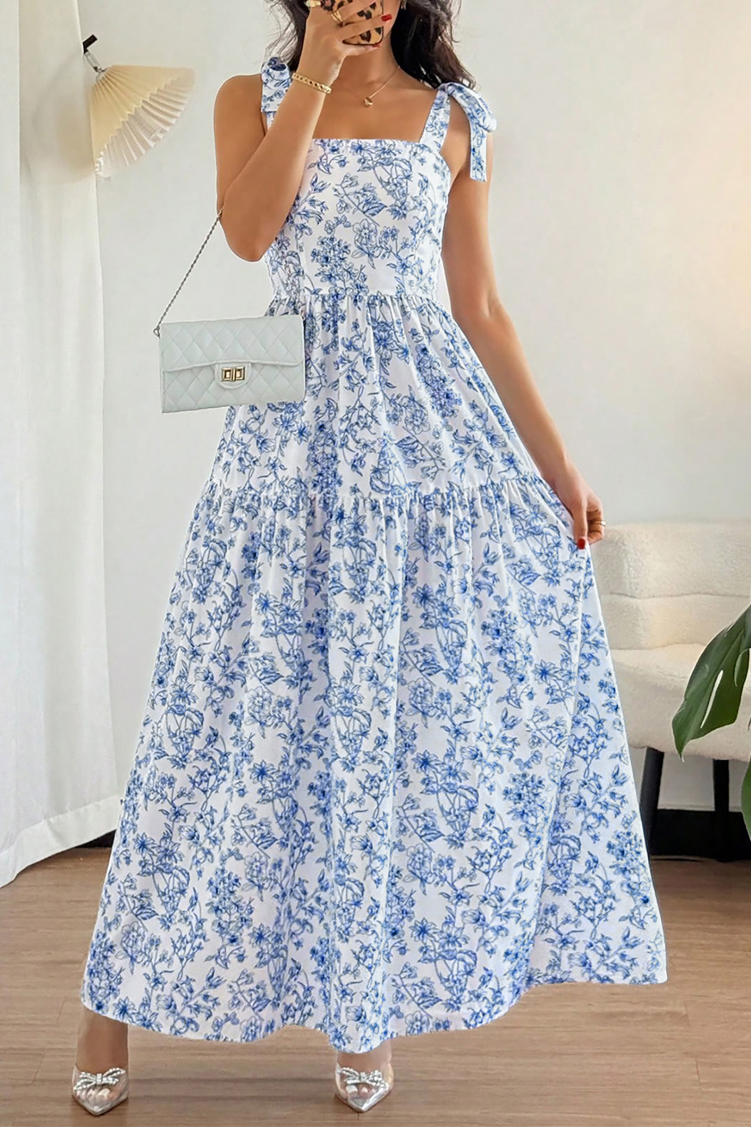 Women's Sky Blue Floral Maxi Dress – Knot Strap Square Neck Summer A-Line Dress - Detail View 16