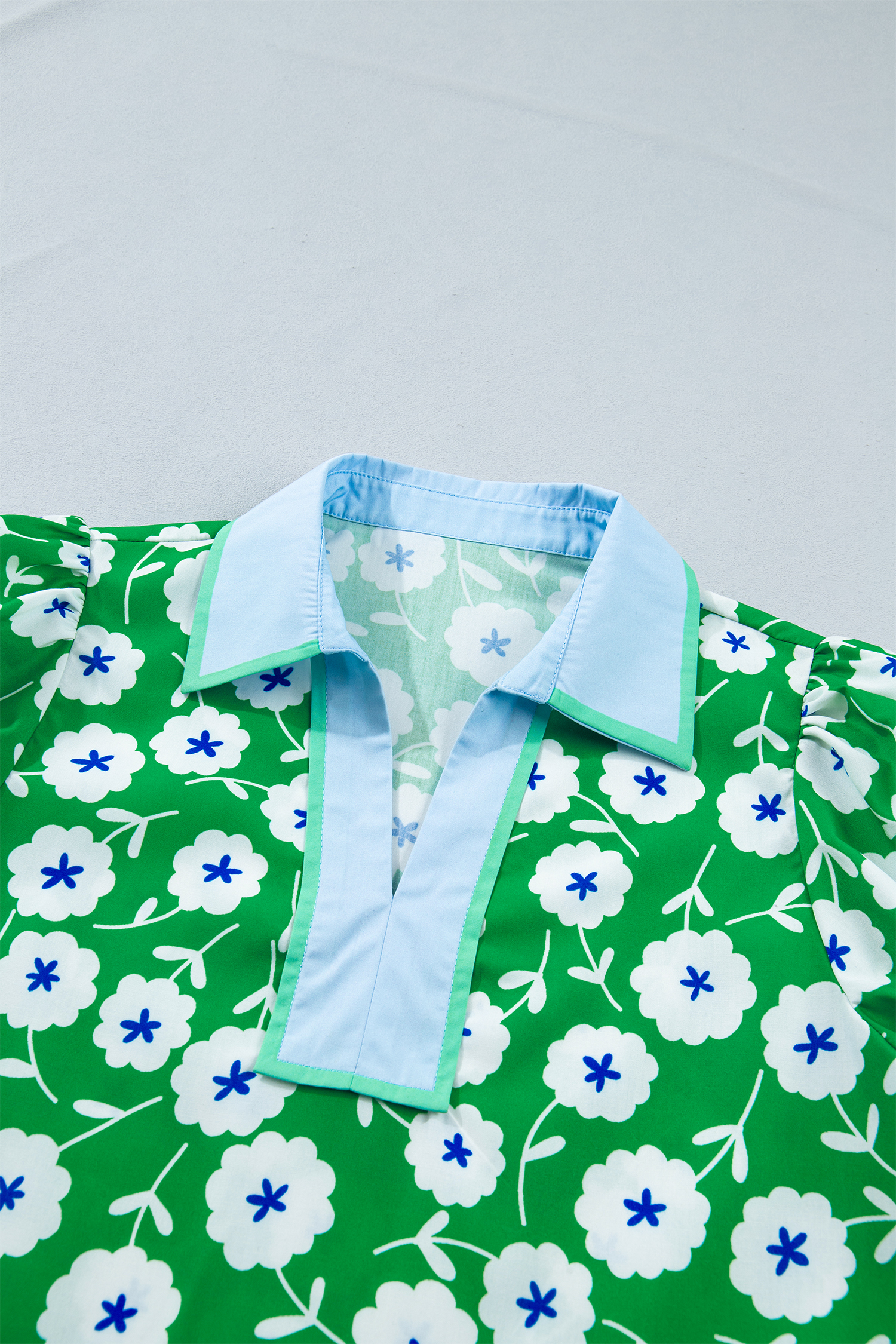 Chic Green Floral Women's Blouse – Short Sleeve V-Neck Shift Top, Stylish Gift for Summer Vacations - Detail View 6