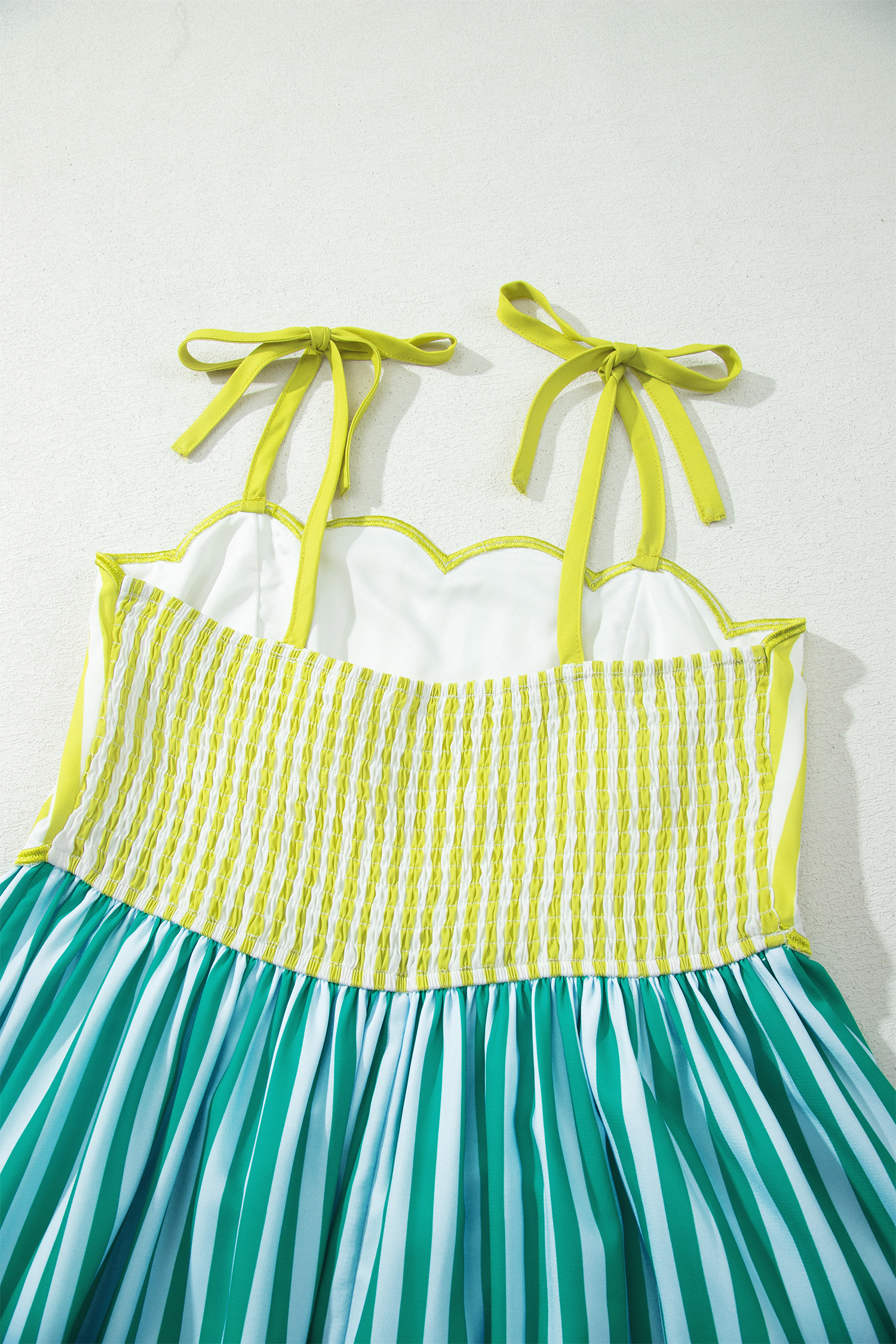 Women's Tie Strap A-Line Dress – Casual Green Stripe Midi - Detail View 14