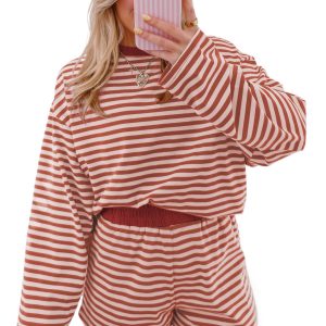 Women's Striped Loungewear Set – Cozy Long Sleeve & Shorts - Main View